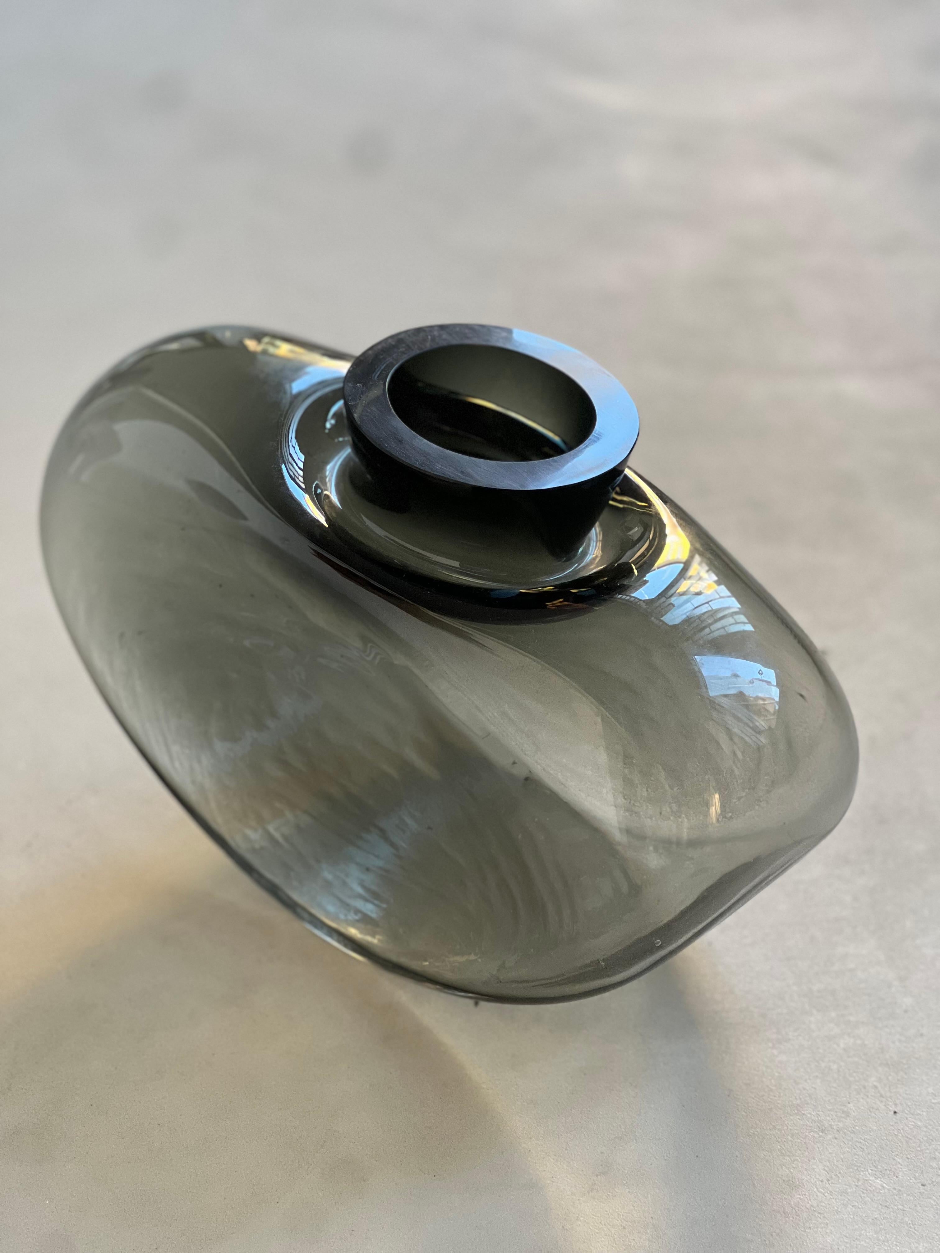 Vintage Massive Glass vase, dark grey black glass center piece, table accent For Sale 7