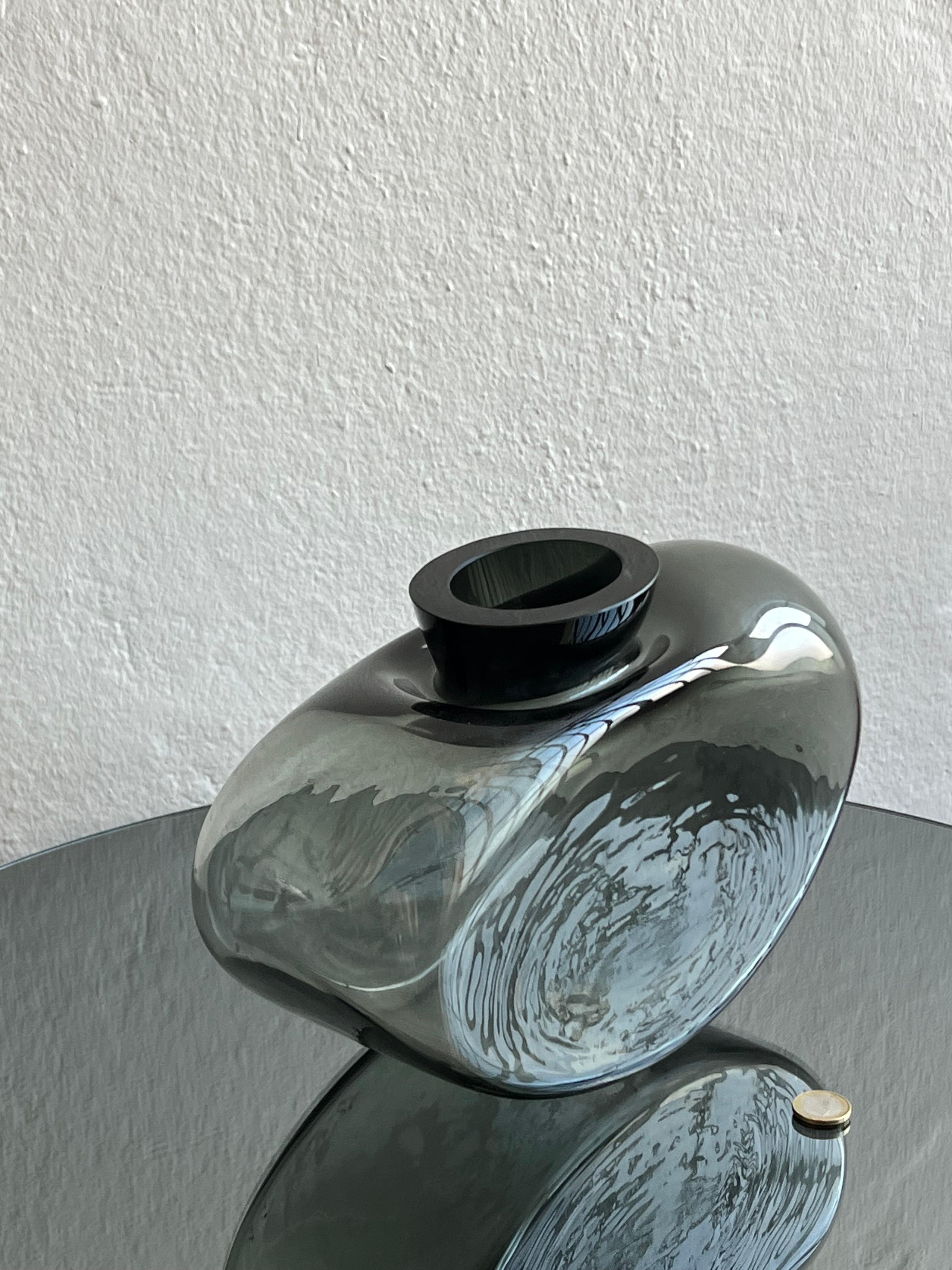 Vintage Massive Glass vase, dark grey black glass center piece, table accent For Sale 9