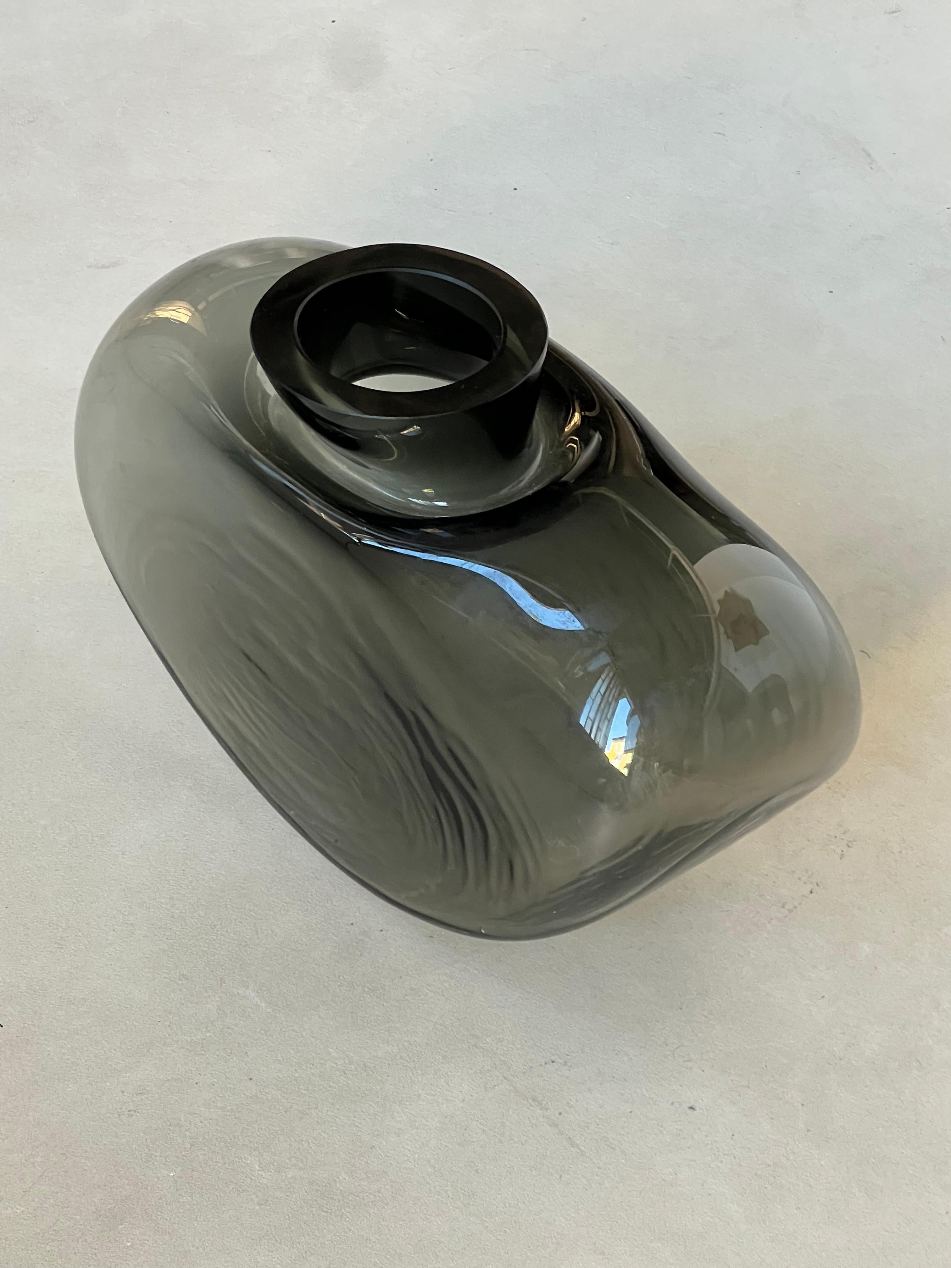 Mid-Century Modern Vintage Massive Glass vase, dark grey black glass center piece, table accent For Sale