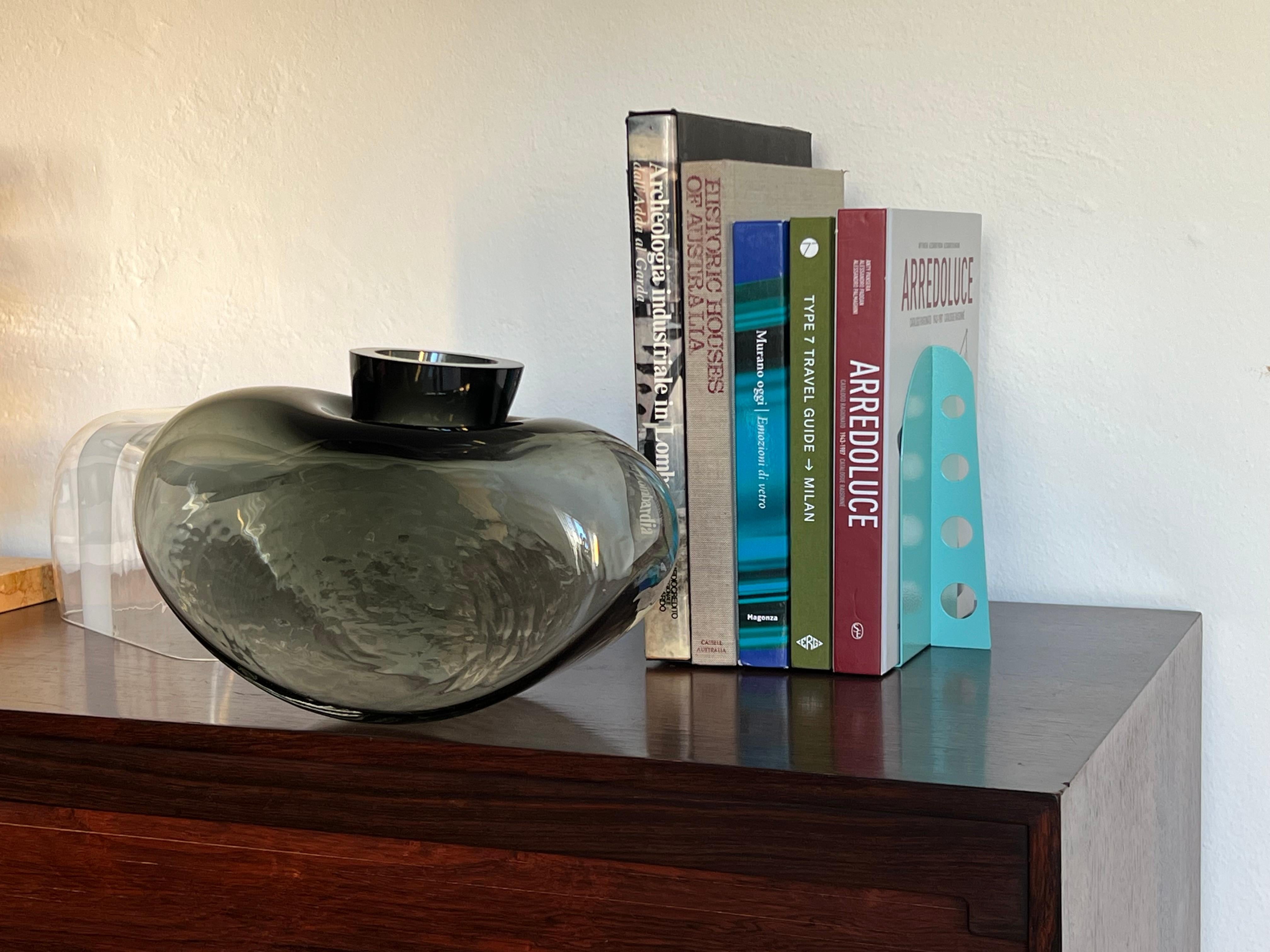 Italian Vintage Massive Glass vase, dark grey black glass center piece, table accent For Sale