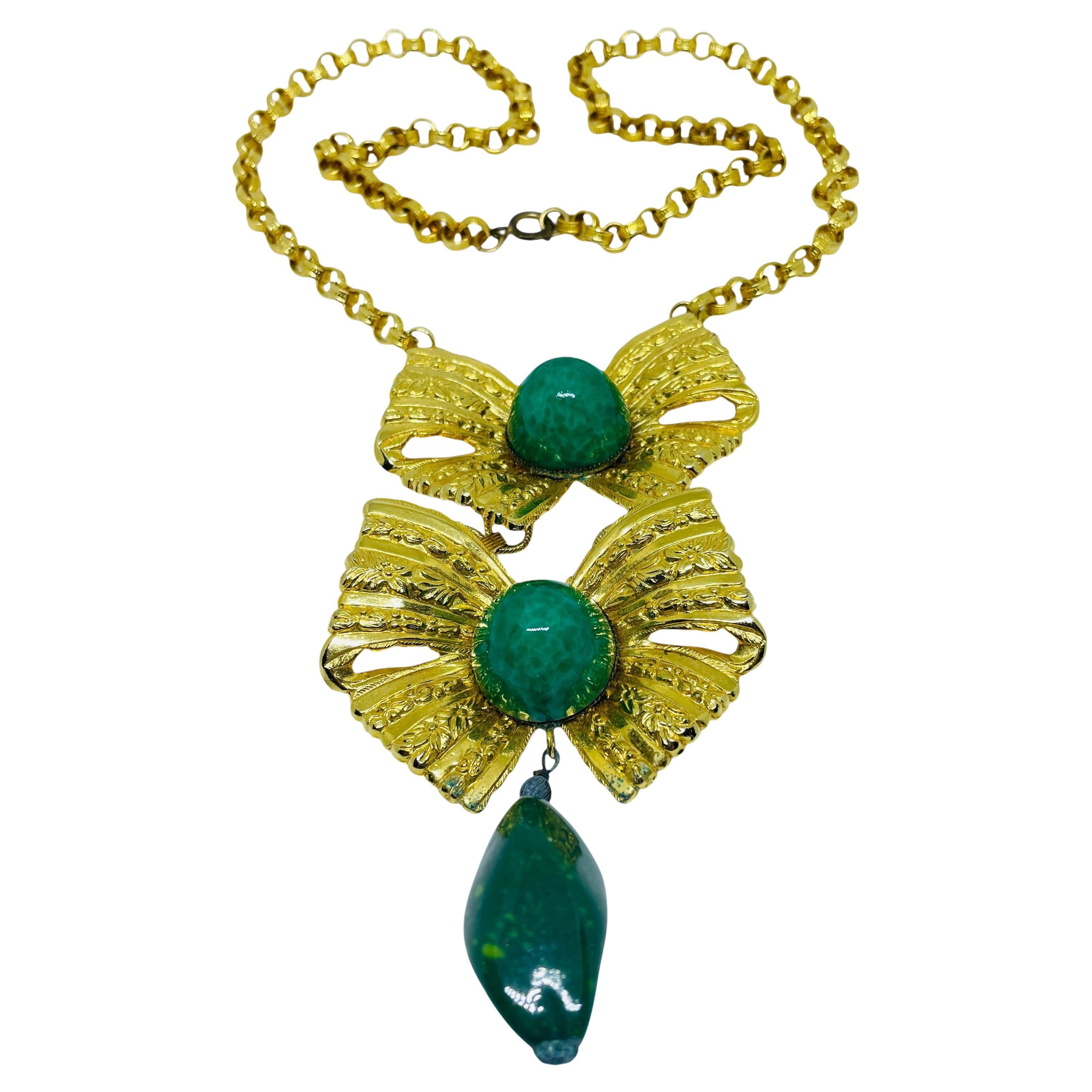 Collar vintage masivo de cristal verde dorado de diseño