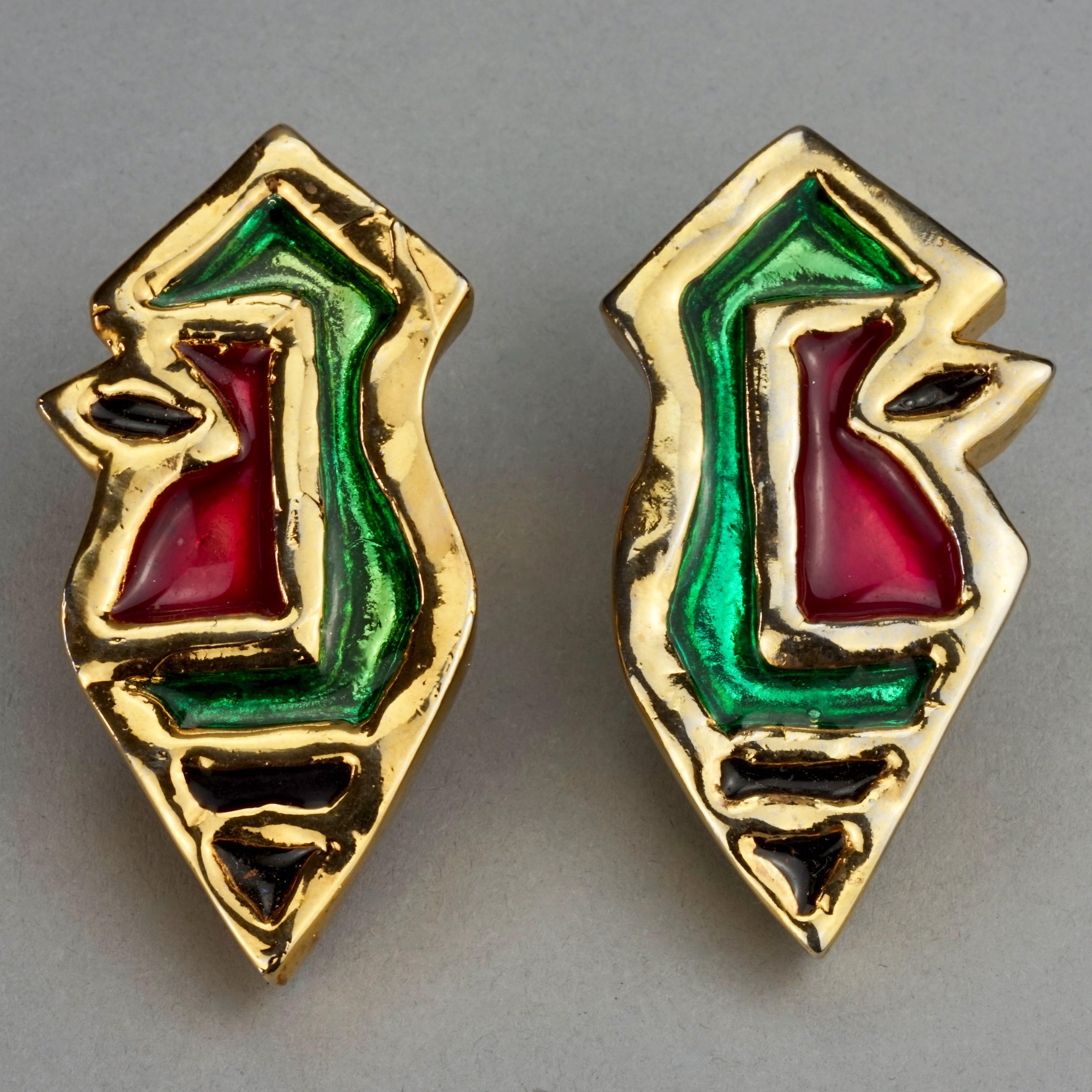 Vintage Massive HANAE MORI PARIS by Billy Boy Enamel Picasso Figural Earrings In Good Condition For Sale In Kingersheim, Alsace