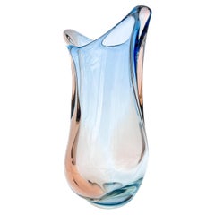 Vintage Massive Italian Murano Glass Vase, Clear with Pink Hues, Fluid Shapes