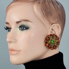 Vintage Massive JACKY DE G Flower Resin with Rhinestones Earrings