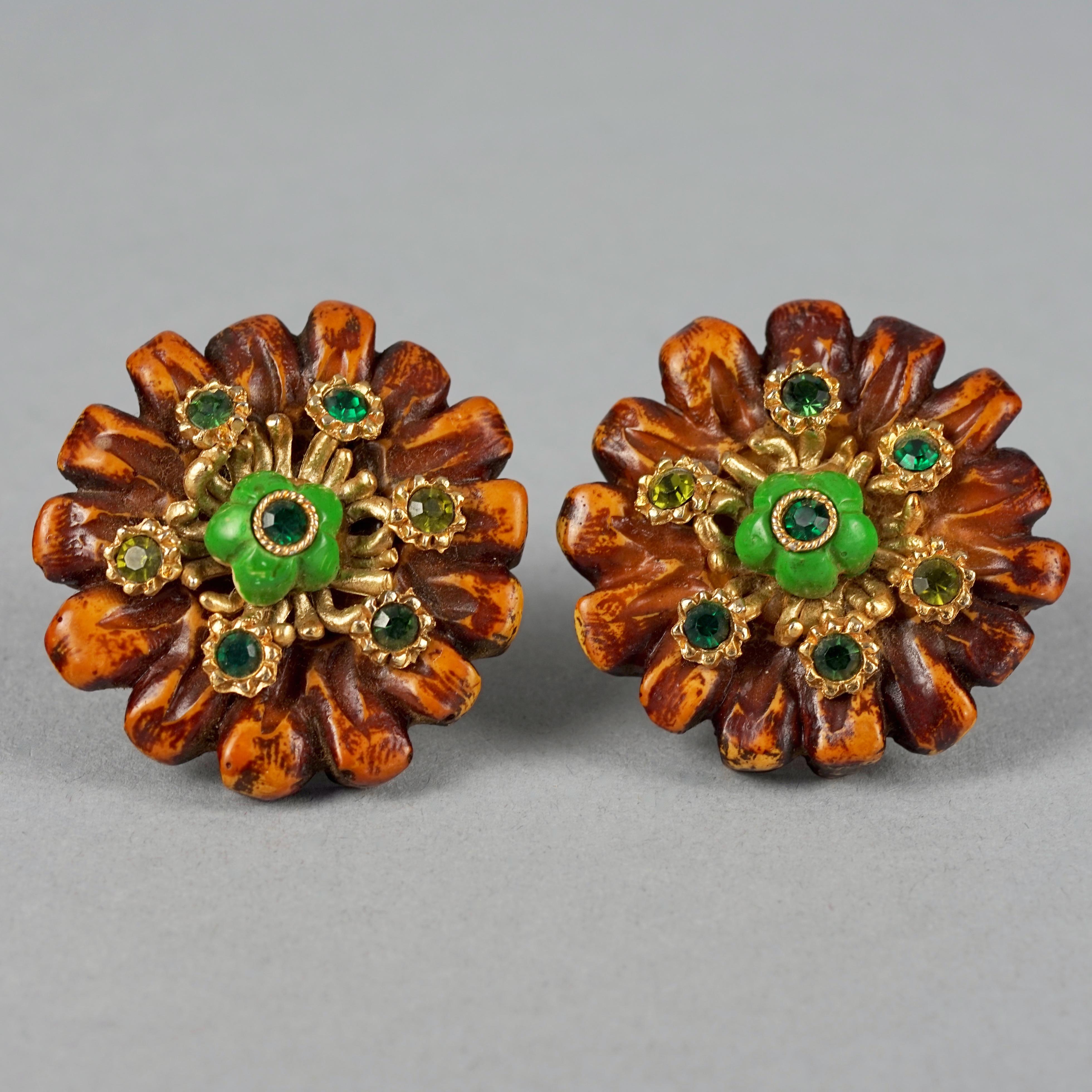 Women's Vintage Massive JACKY DE G Flower Resin with Rhinestones Earrings For Sale