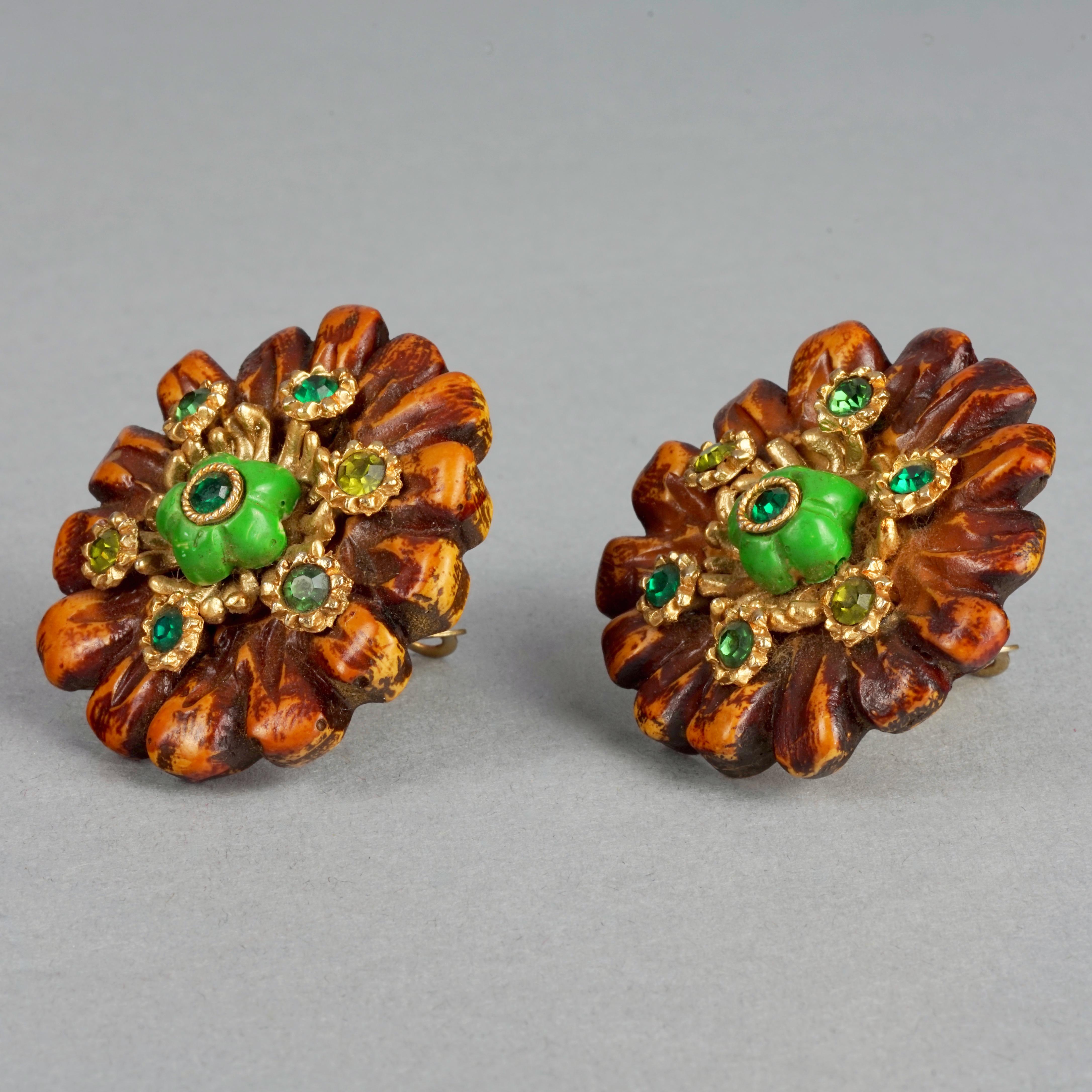 Vintage Massive JACKY DE G Flower Resin with Rhinestones Earrings For Sale 1