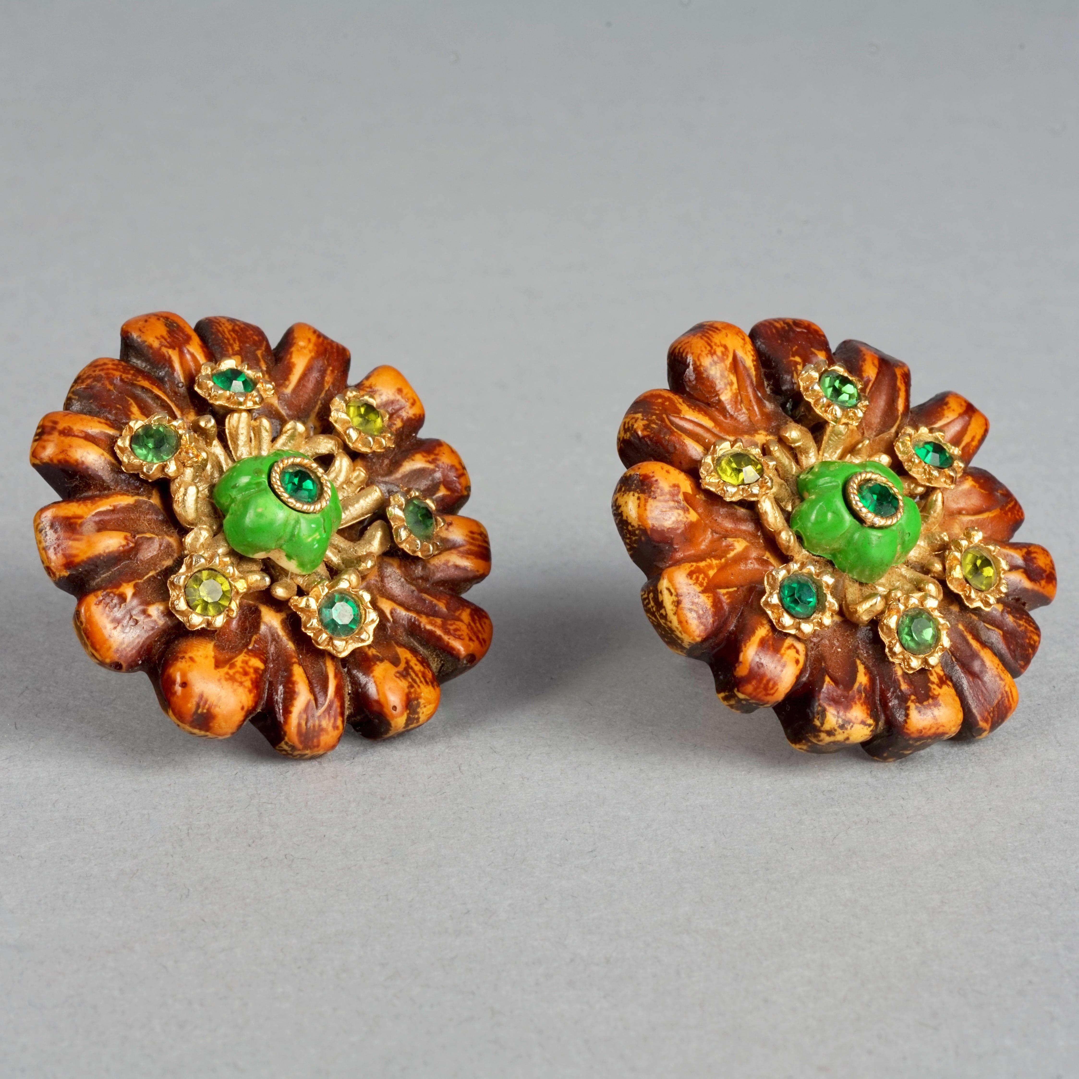 Vintage Massive JACKY DE G Flower Resin with Rhinestones Earrings For Sale 2