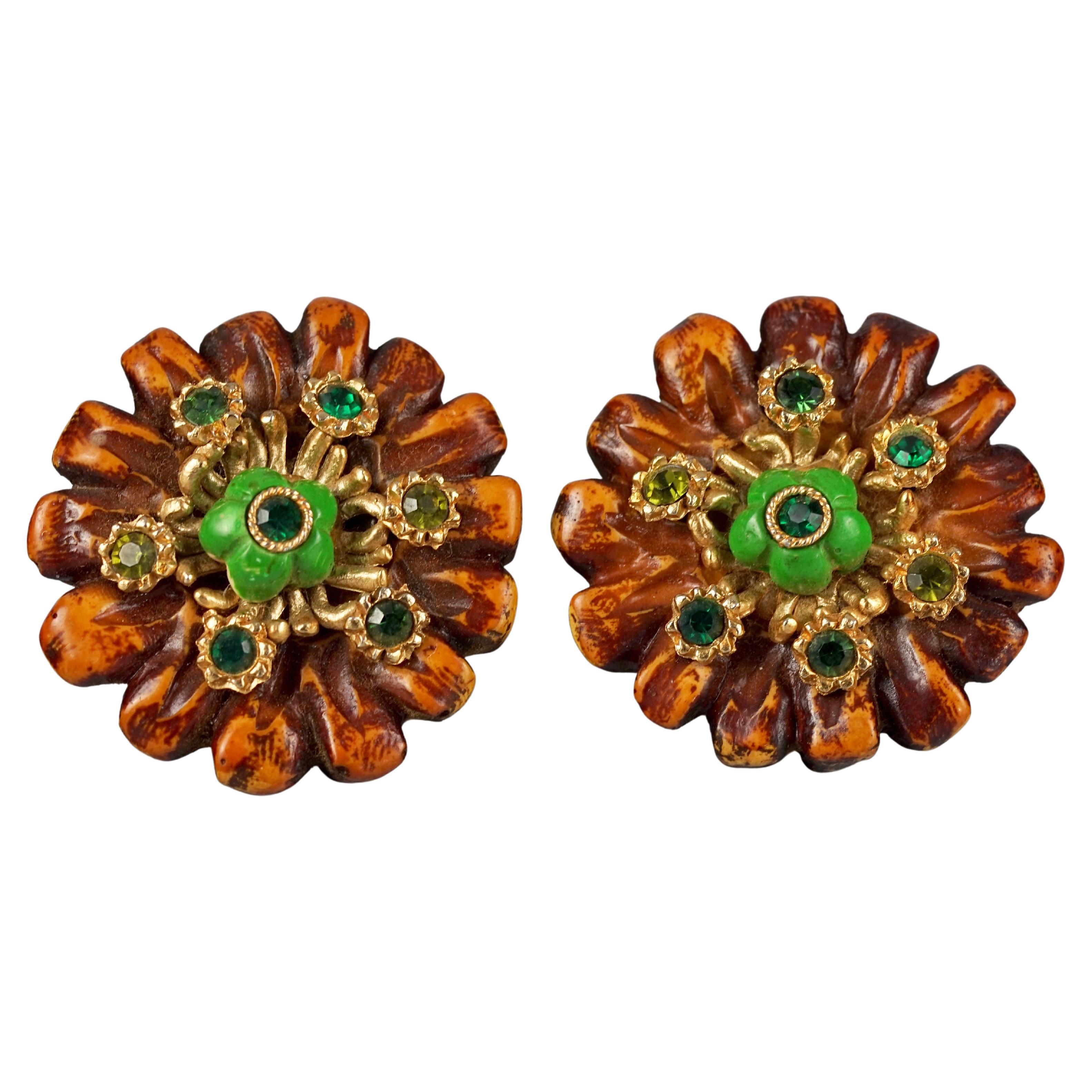 Vintage Massive JACKY DE G Flower Resin with Rhinestones Earrings For Sale