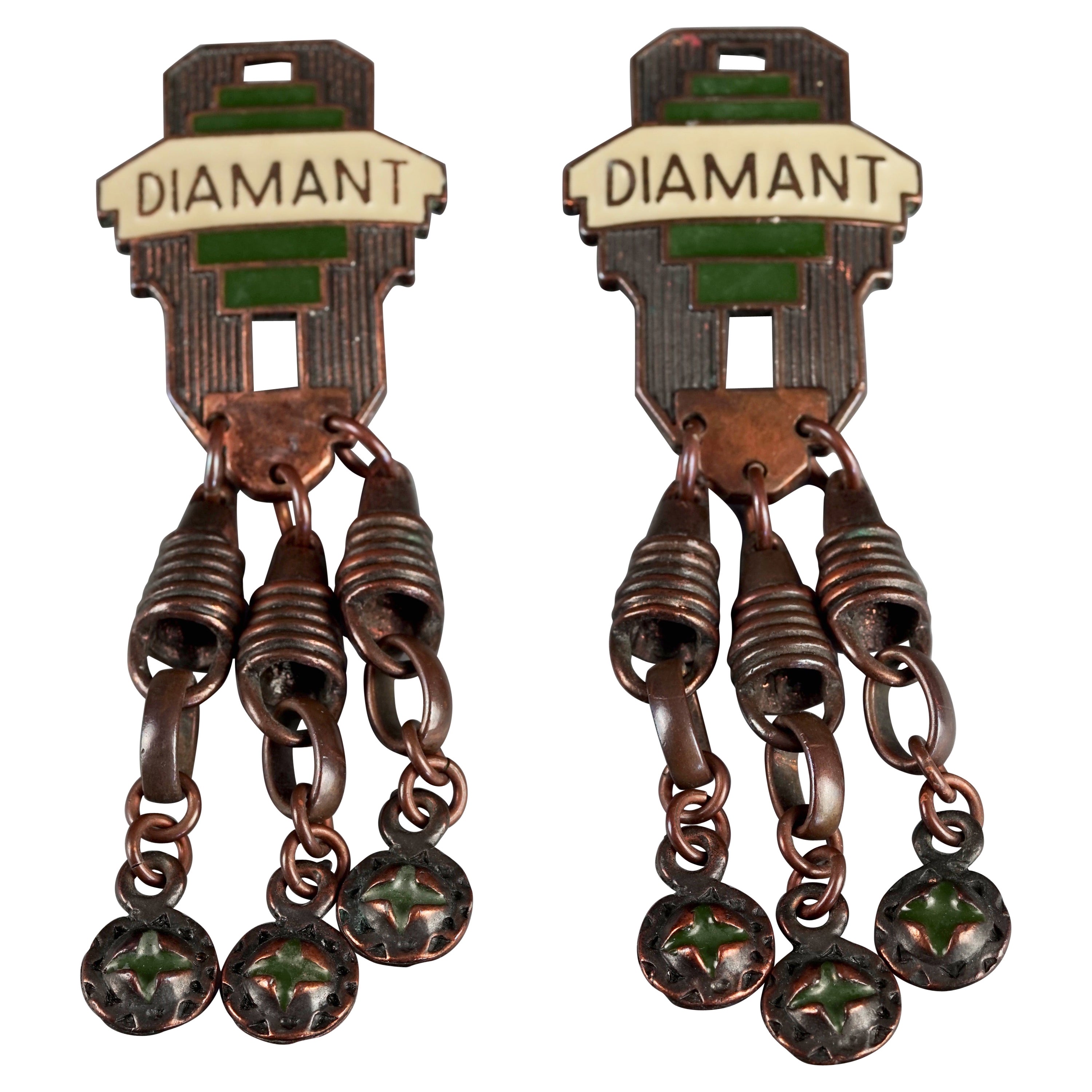 Vintage Massive JEAN PAUL GAULTIER Diamant Enamel Bronze Dangling Earrings For Sale