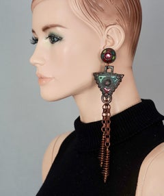 Vintage Massive JEAN PAUL GAULTIER Ethnic Tribal Enamel Bronze Long Earrings