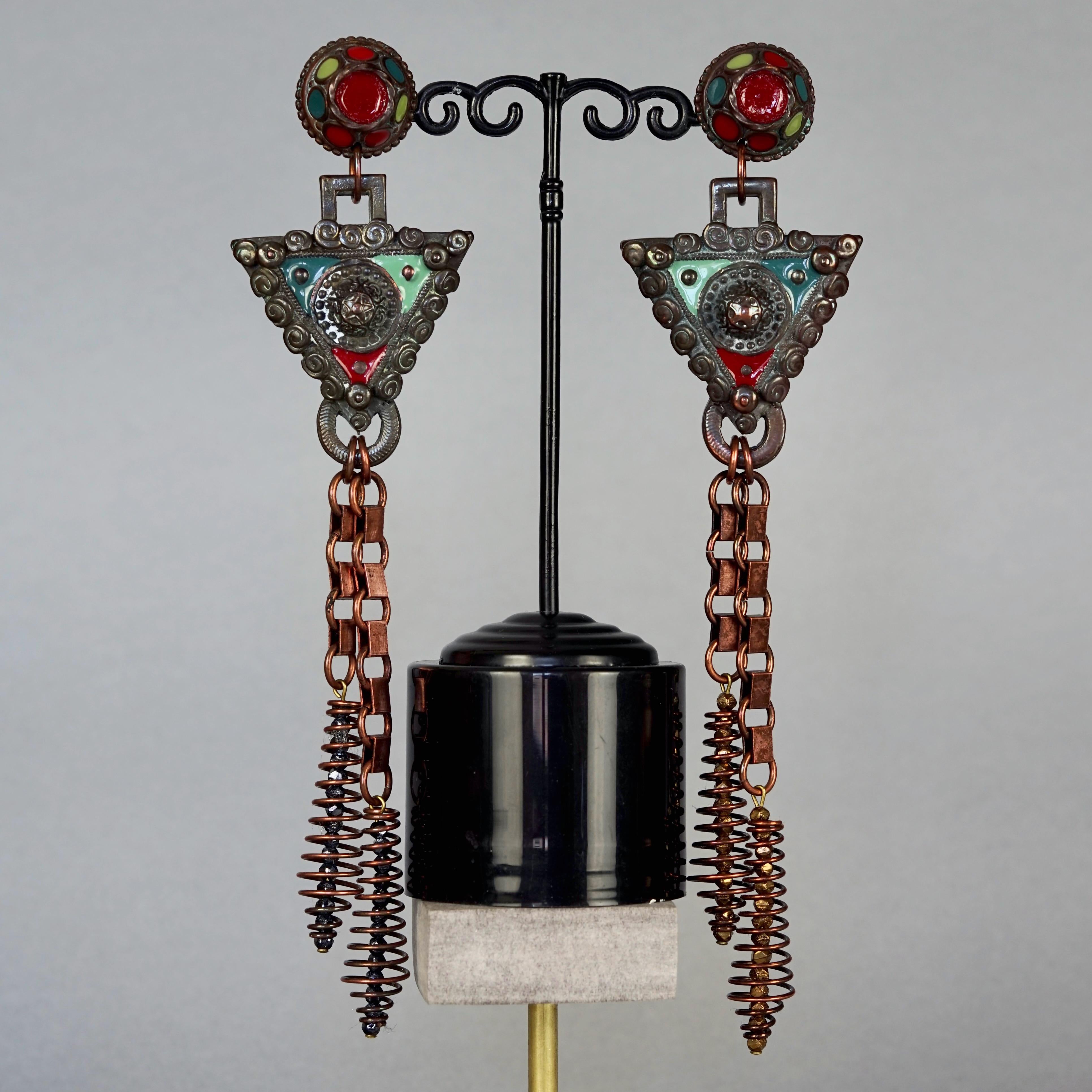 Vintage Massive JEAN PAUL GAULTIER Ethnic Tribal Enamel Bronze Long Earrings In Excellent Condition For Sale In Kingersheim, Alsace