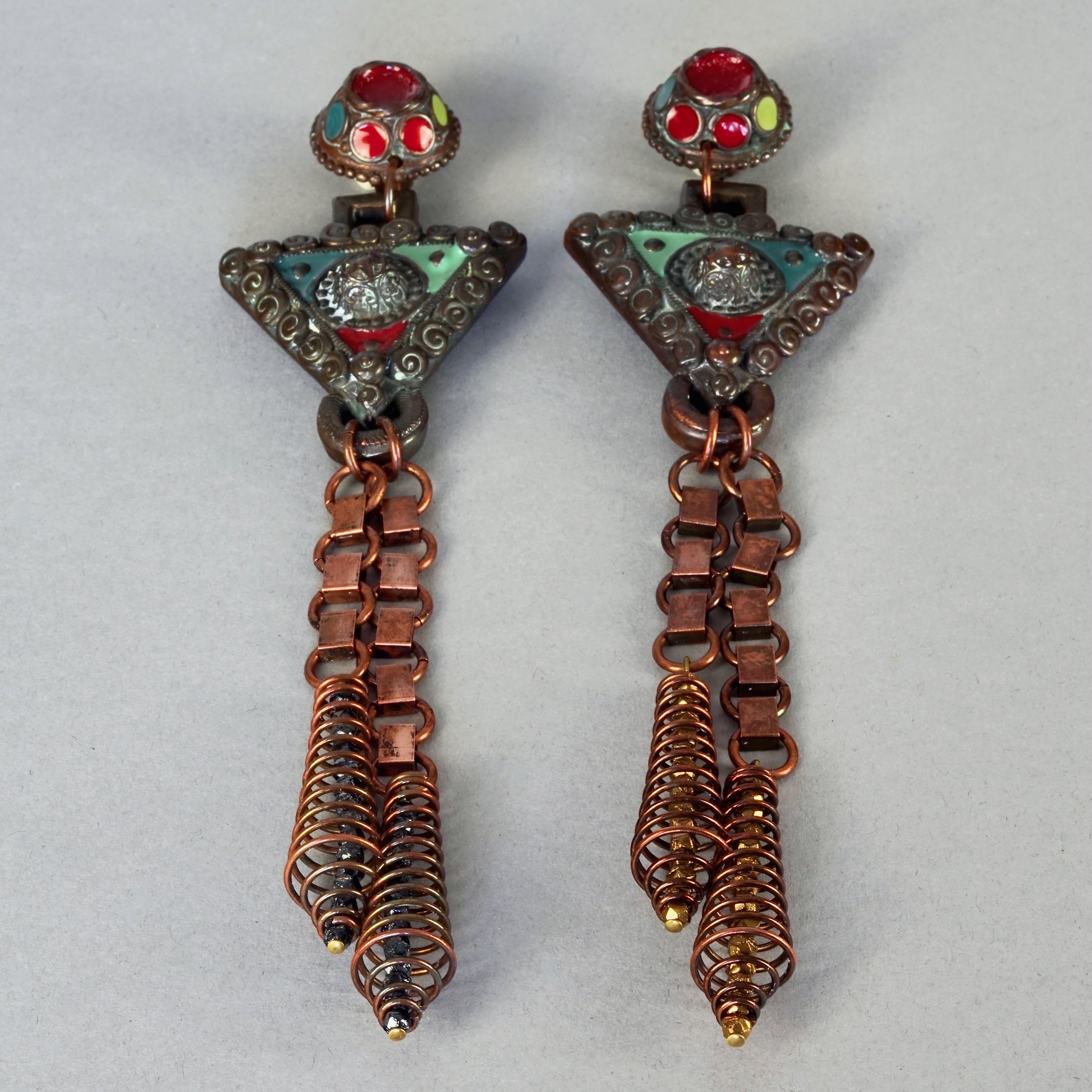 Vintage Massive JEAN PAUL GAULTIER Ethnic Tribal Enamel Bronze Long Earrings For Sale 4