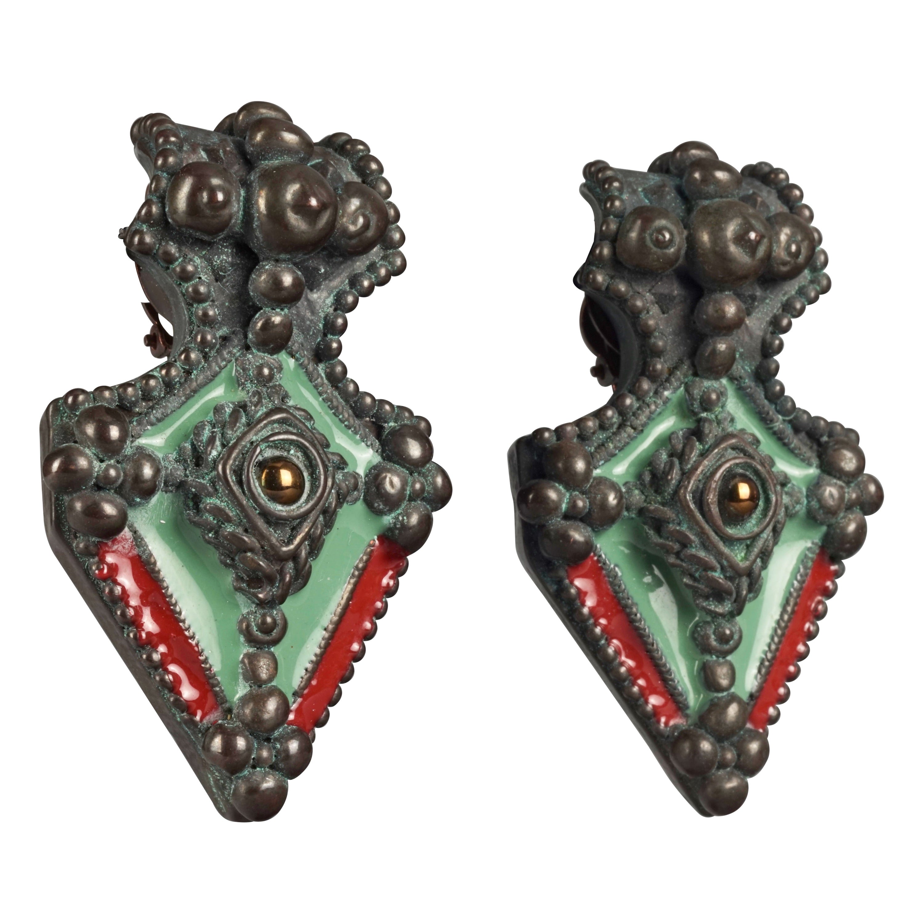 Vintage Massive JEAN PAUL GAULTIER Ethnic Tribal Enamel Earrings For Sale