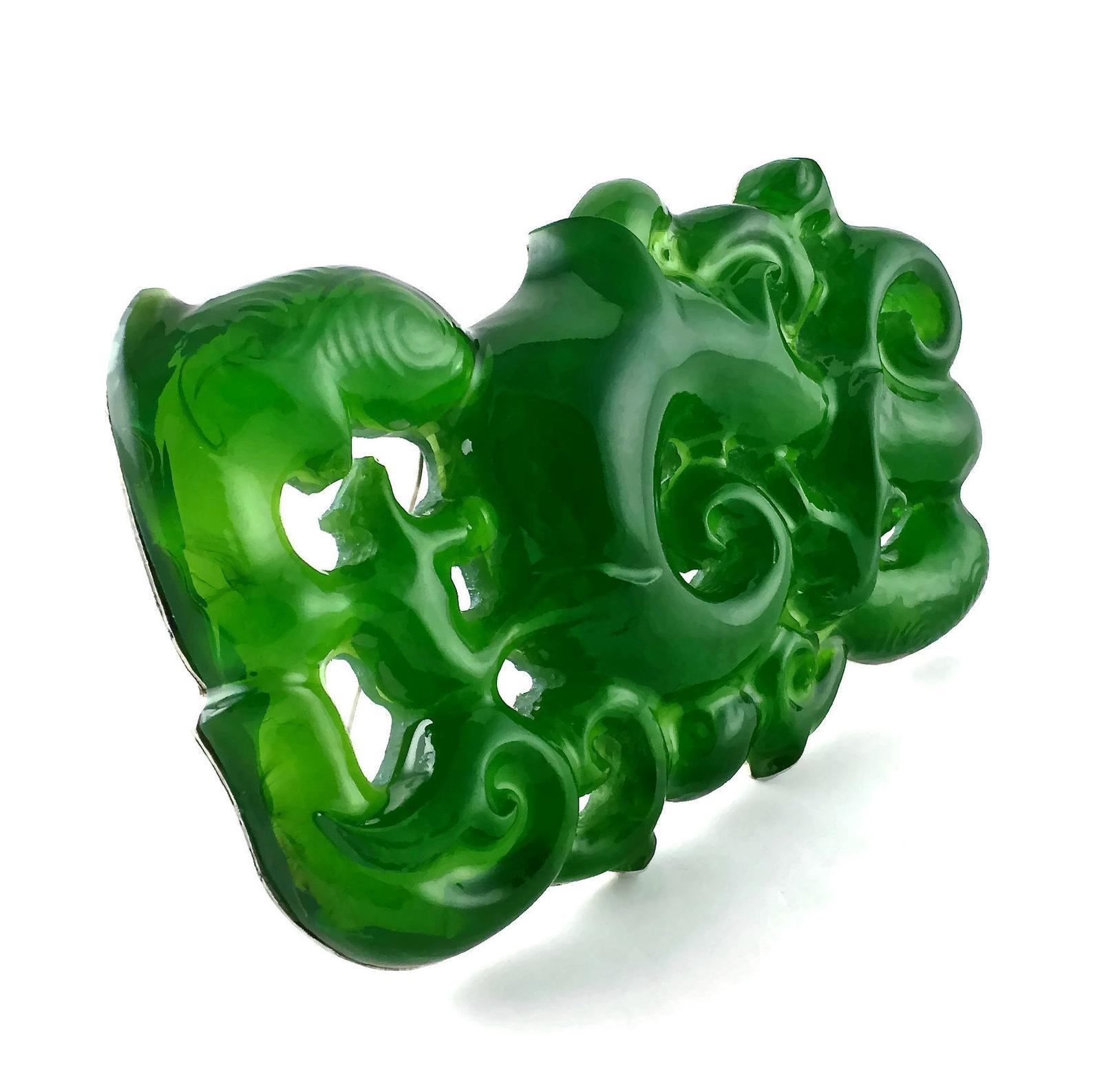 Women's or Men's Vintage Massive JOHN GALLIANO Runway Asian Carved Faux Jade Resin Brooch