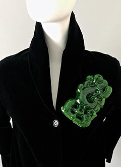Vintage Massive JOHN GALLIANO Runway Asian Carved Faux Jade Resin Brooch