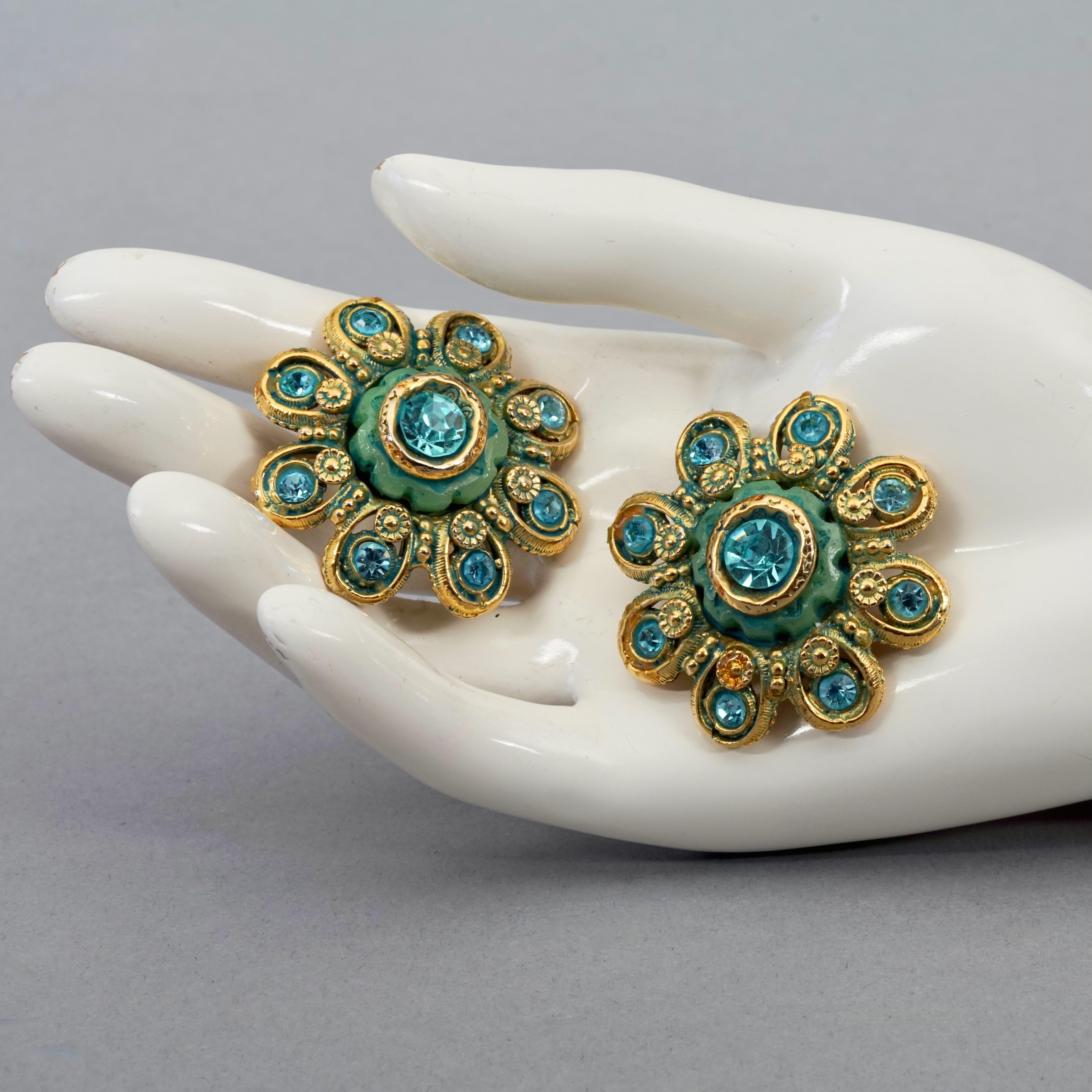 Vintage Massive KALINGER PARIS Blue Flower Resin with Rhinestones Earrings For Sale 5