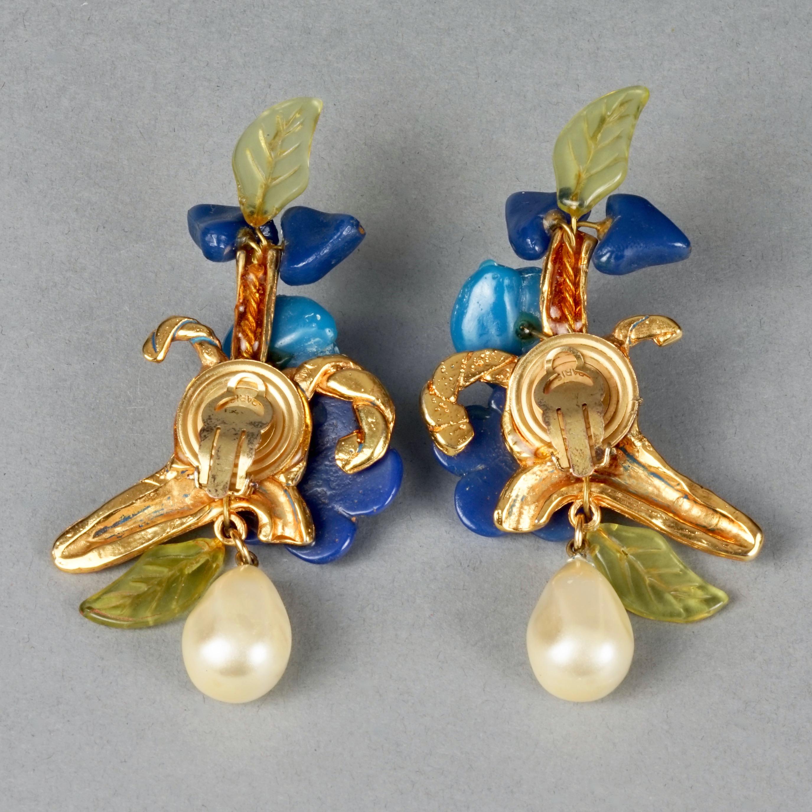 Vintage Massive KALINGER PARIS Branch Flower Leaves Pearl Dangling Earrings For Sale 6