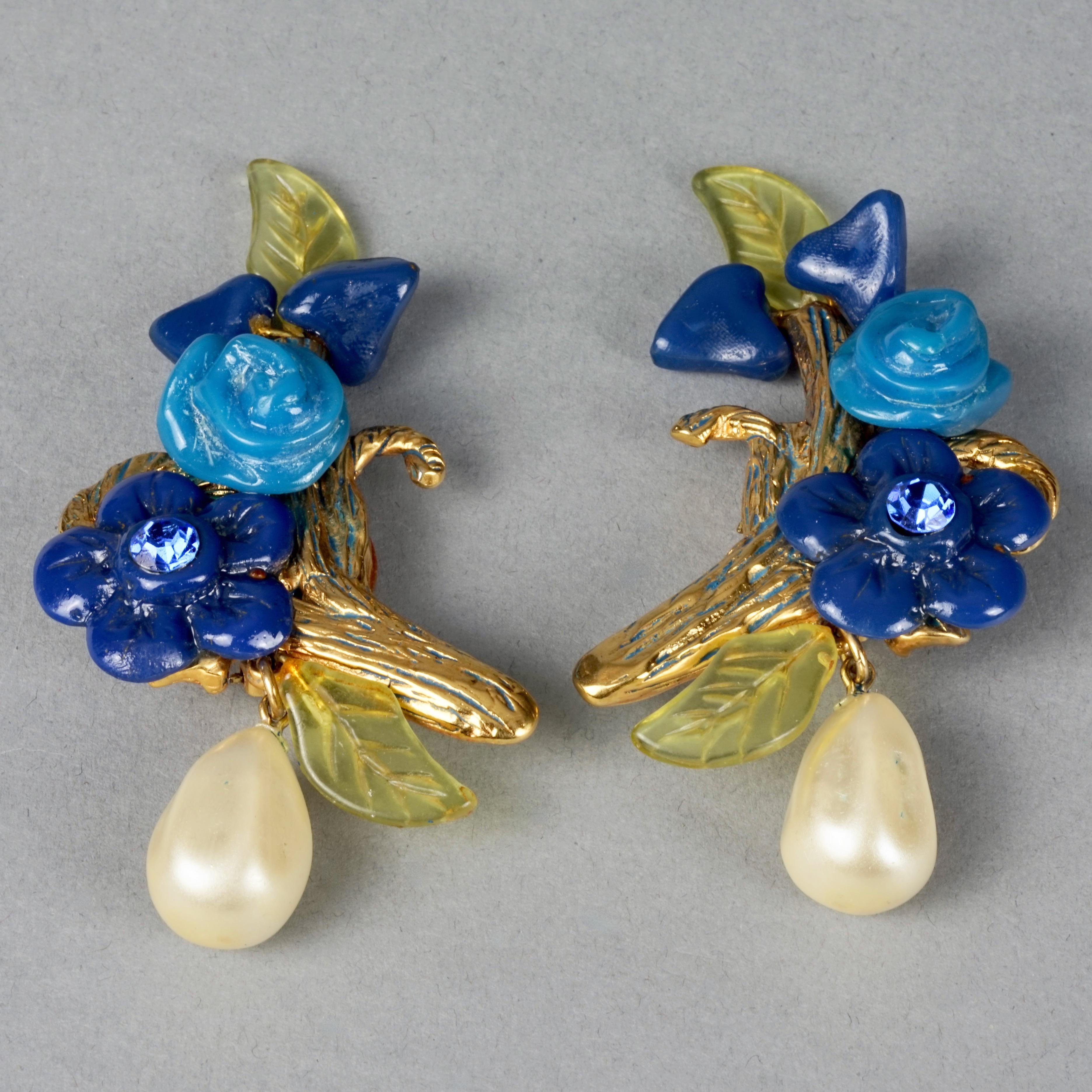 Vintage Massive KALINGER PARIS Branch Flower Leaves Pearl Dangling Earrings In Excellent Condition For Sale In Kingersheim, Alsace
