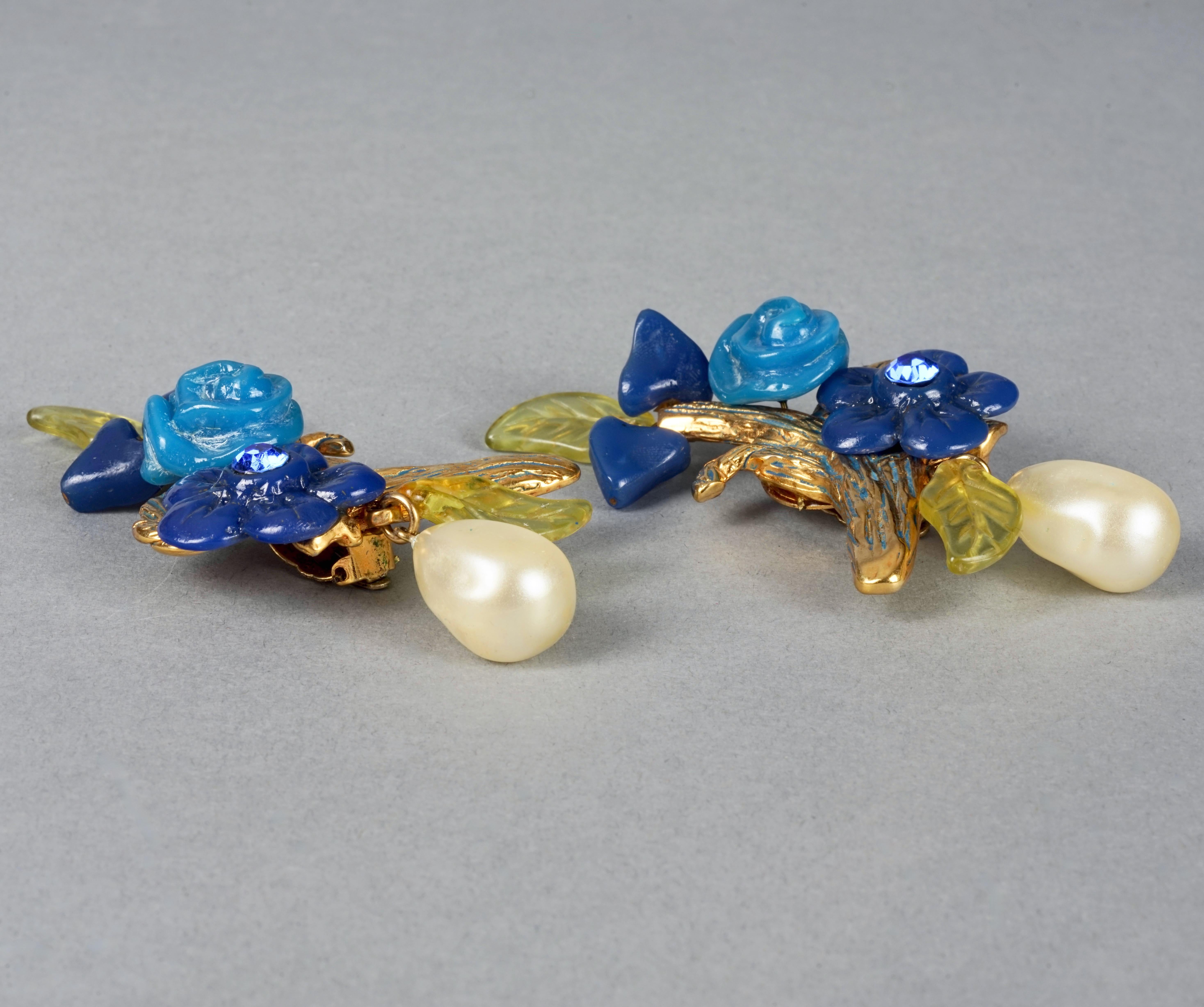 Vintage Massive KALINGER PARIS Branch Flower Leaves Pearl Dangling Earrings For Sale 1