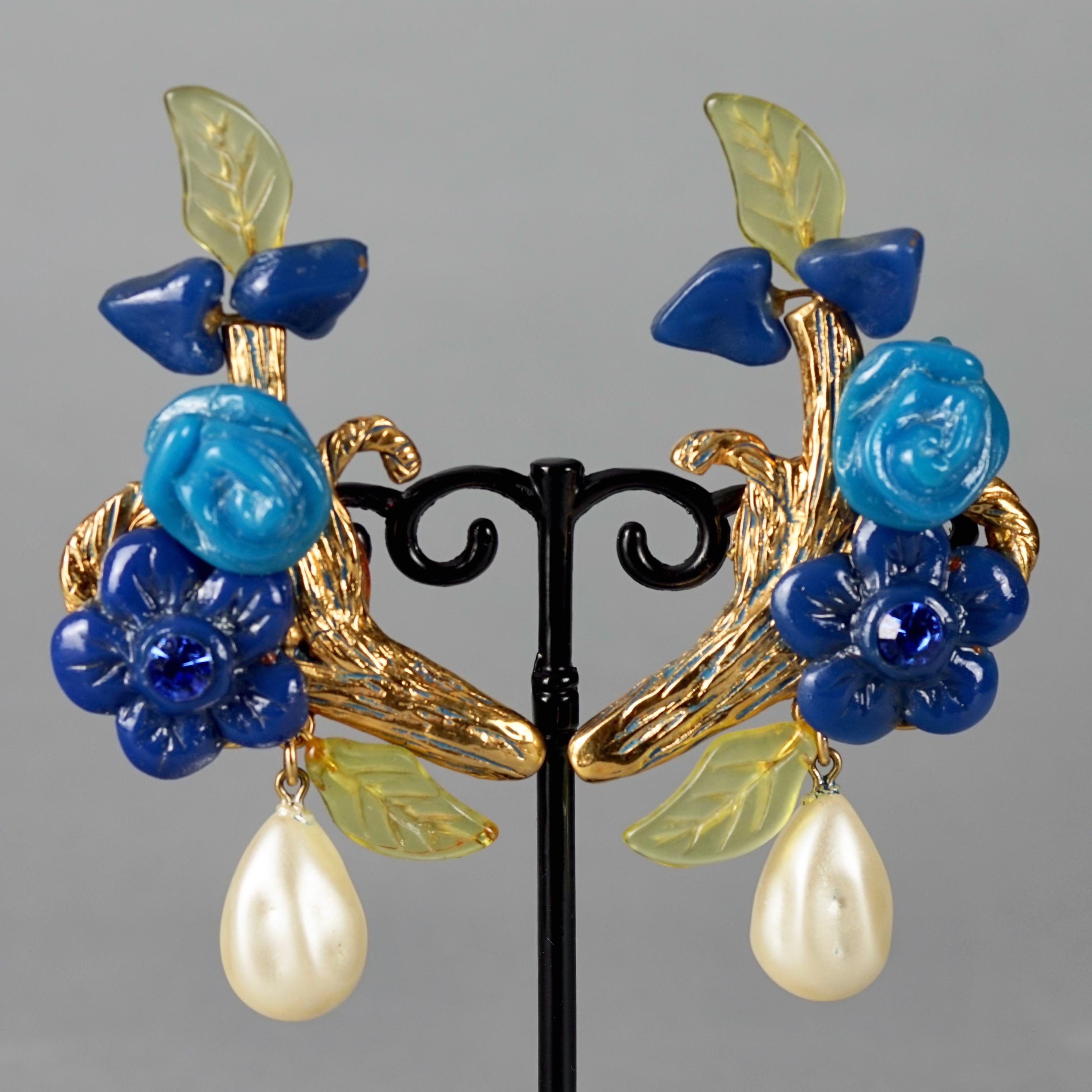 Vintage Massive KALINGER PARIS Branch Flower Leaves Pearl Dangling Earrings For Sale 2