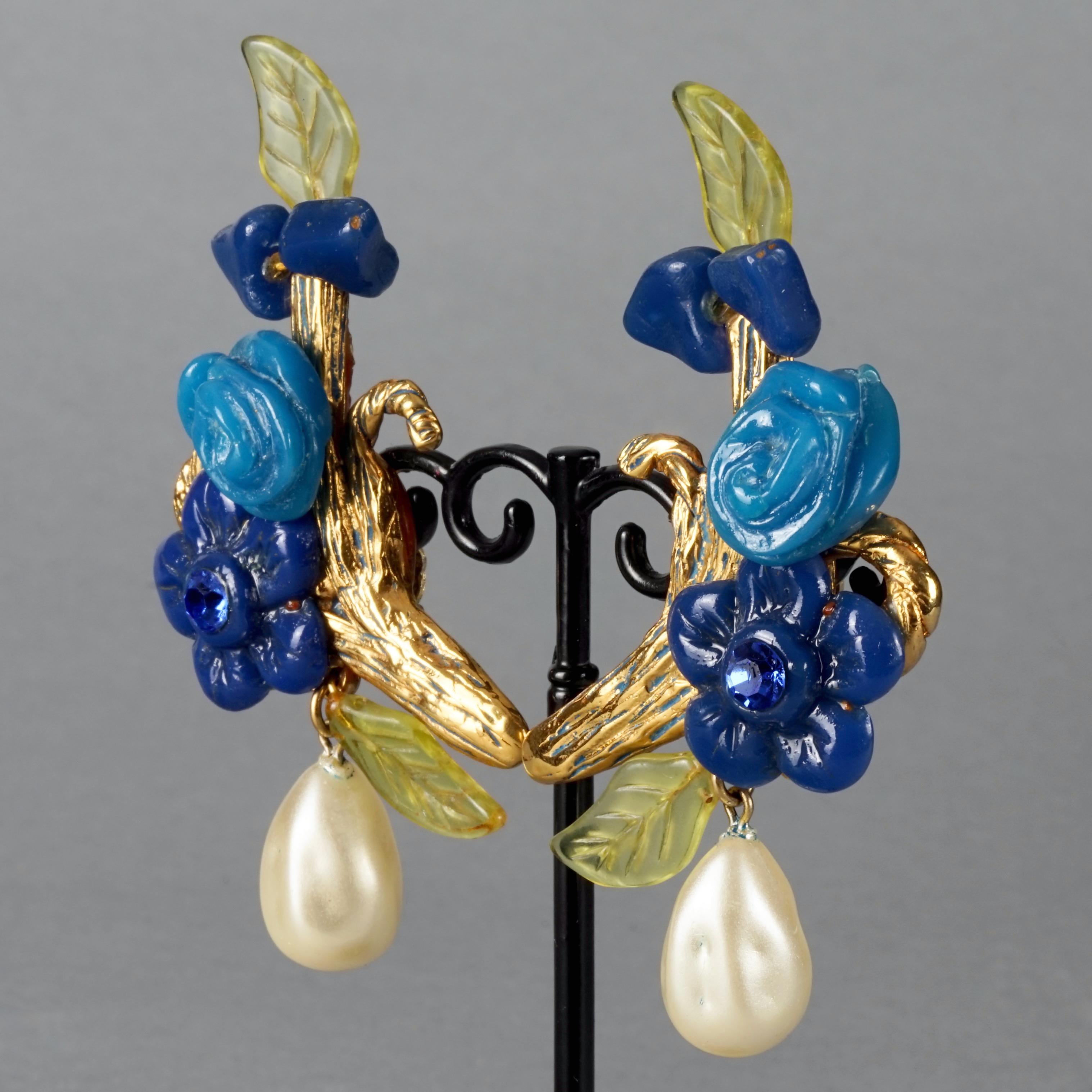 Vintage Massive KALINGER PARIS Branch Flower Leaves Pearl Dangling Earrings For Sale 3
