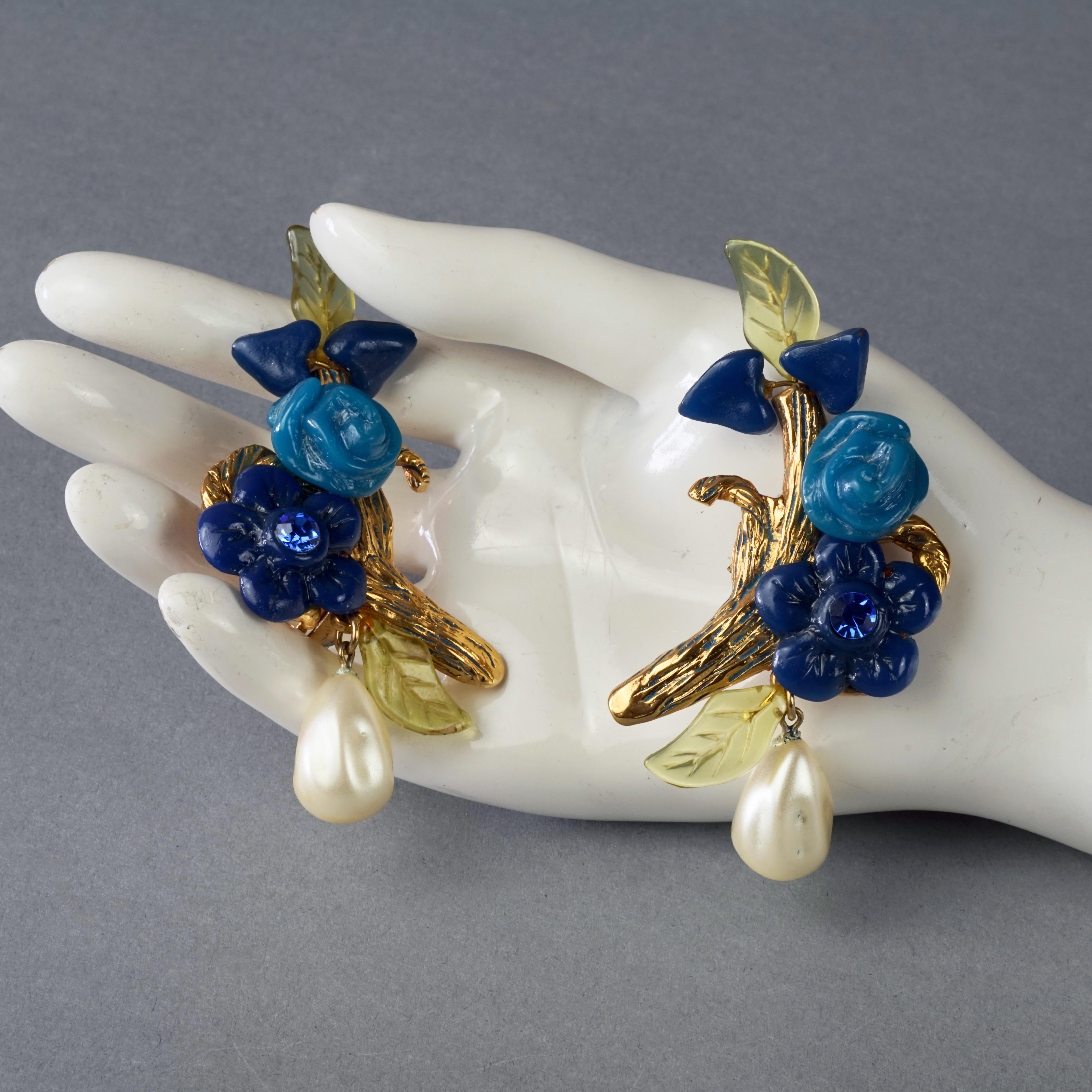 Vintage Massive KALINGER PARIS Branch Flower Leaves Pearl Dangling Earrings For Sale 5