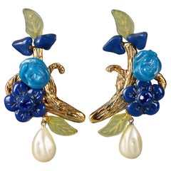 Vintage Massive KALINGER PARIS Branch Flower Leaves Pearl Dangling Earrings
