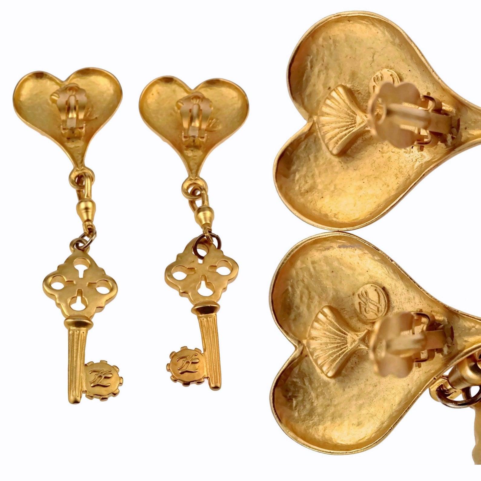 Vintage Massive KARL LAGERFELD Heart Padlock Key Dangling Earrings For Sale 3