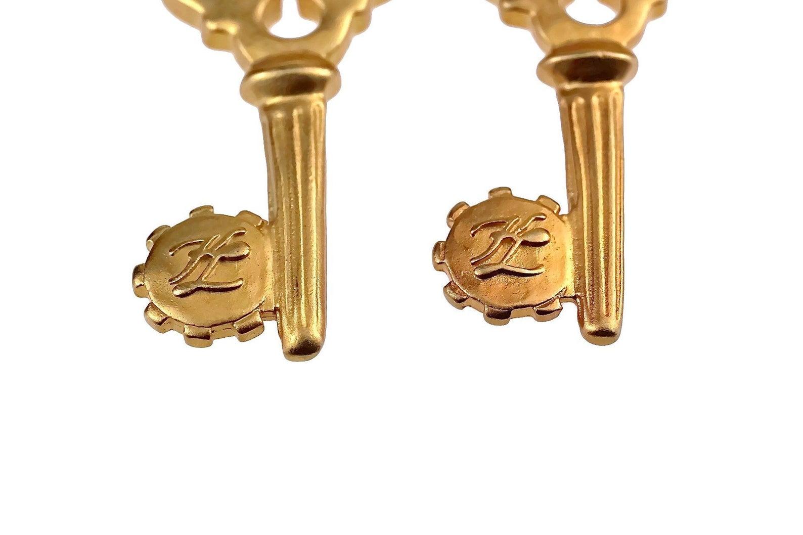 Women's Vintage Massive KARL LAGERFELD Heart Padlock Key Dangling Earrings For Sale