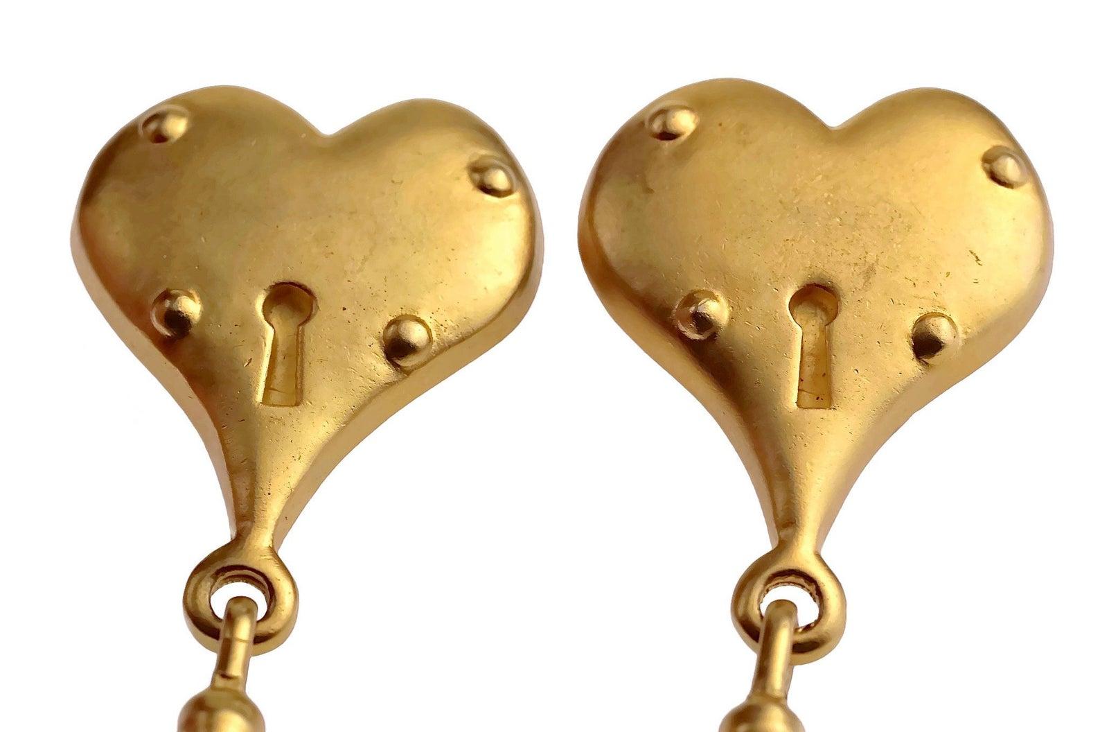 Vintage Massive KARL LAGERFELD Heart Padlock Key Dangling Earrings For Sale 1
