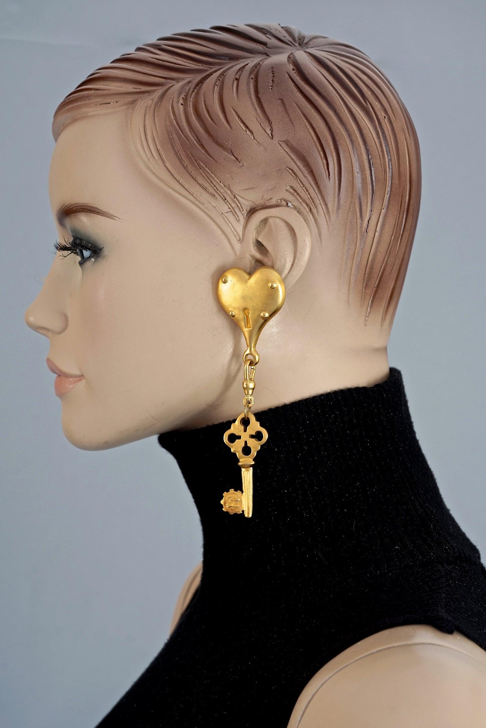 Vintage Massive KARL LAGERFELD Heart Padlock Key Dangling Earrings For Sale 2