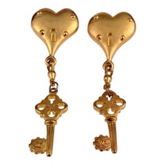 Vintage Massive KARL LAGERFELD Heart Padlock Key Dangling Earrings