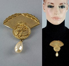 Vintage Massive KARL LAGERFELD KL Logo Iconic Fan Pearl Drop Brooch