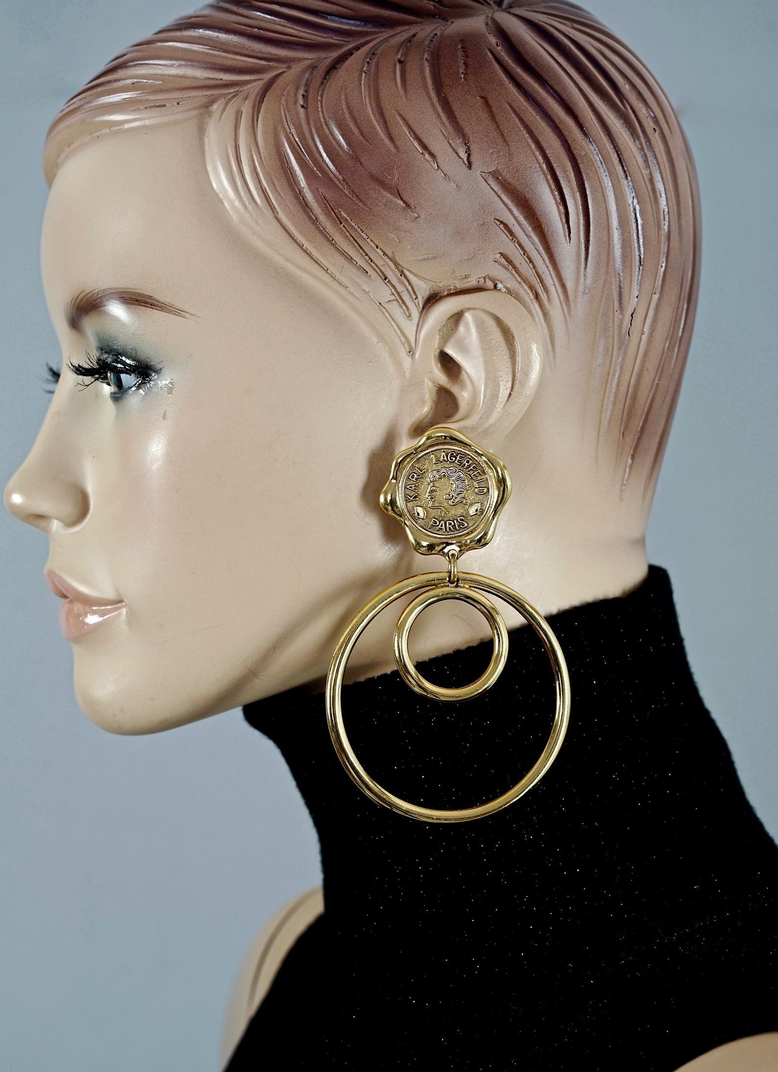 Women's Vintage Massive KARL LAGERFELD Profile Wax Seal Double Hoop Earrings For Sale