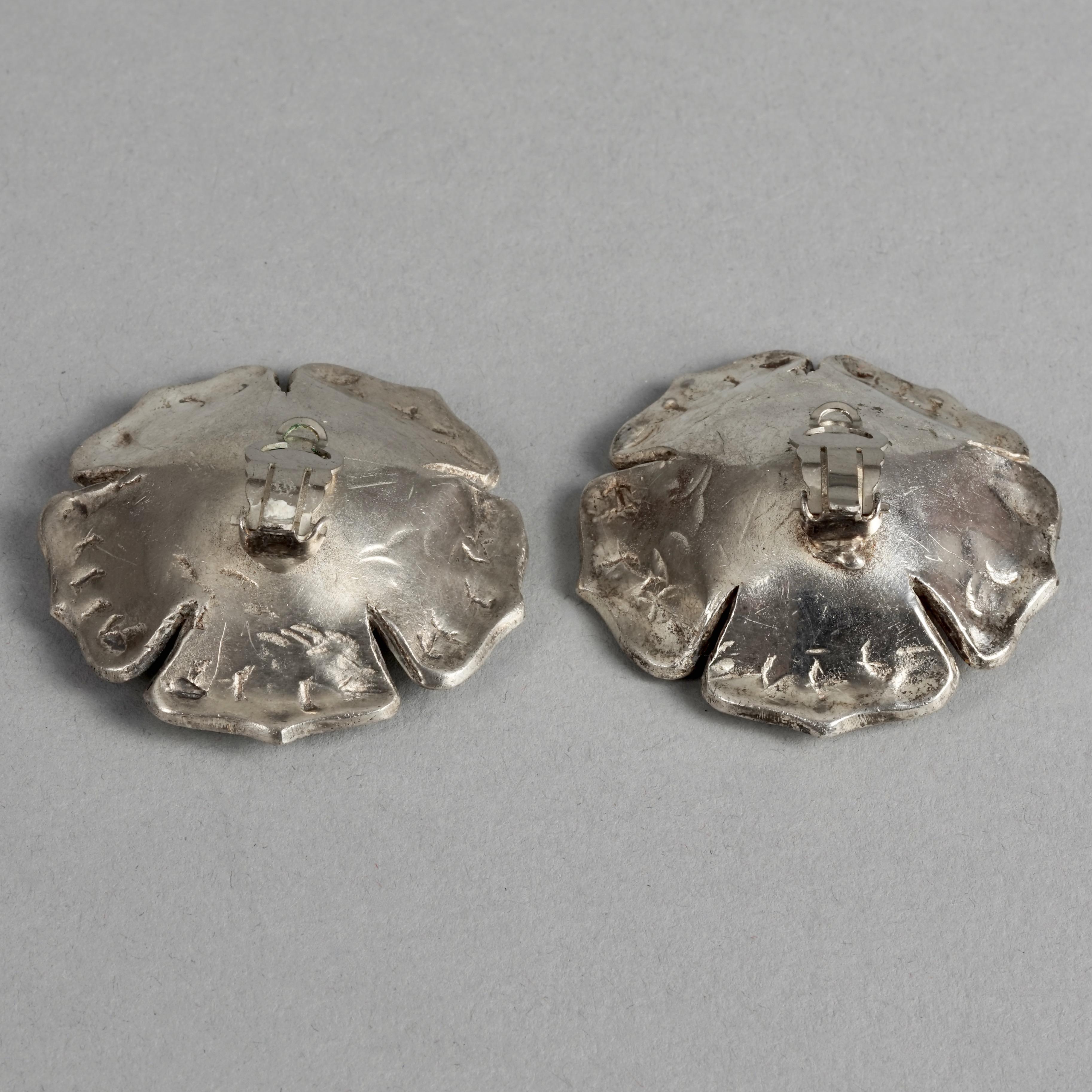 Vintage Massive LANVIN PARIS Flower Rhinestone Silver Earrings For Sale 5