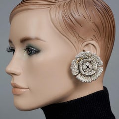 Vintage Massive LANVIN PARIS Flower Rhinestone Silver Earrings