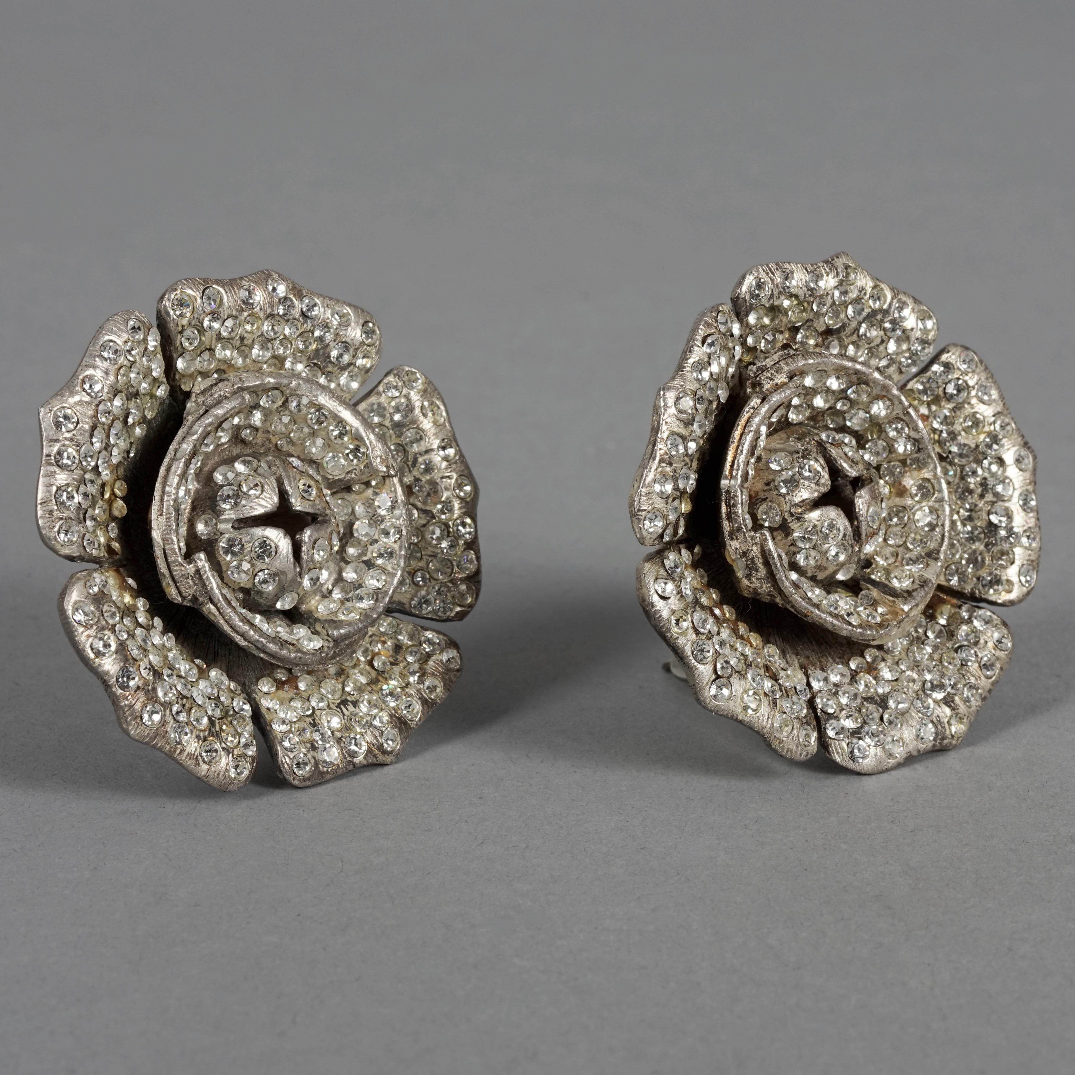 Vintage Massive LANVIN PARIS Flower Rhinestone Silver Earrings In Good Condition For Sale In Kingersheim, Alsace