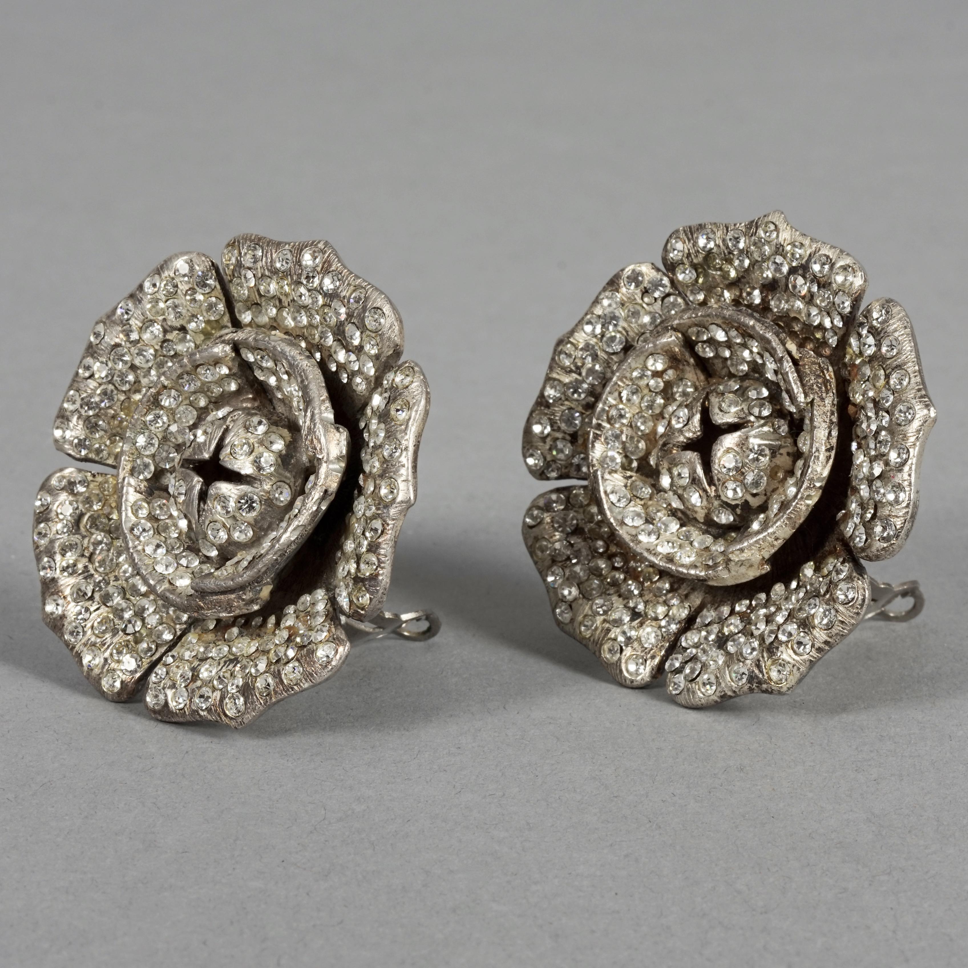 Women's Vintage Massive LANVIN PARIS Flower Rhinestone Silver Earrings For Sale