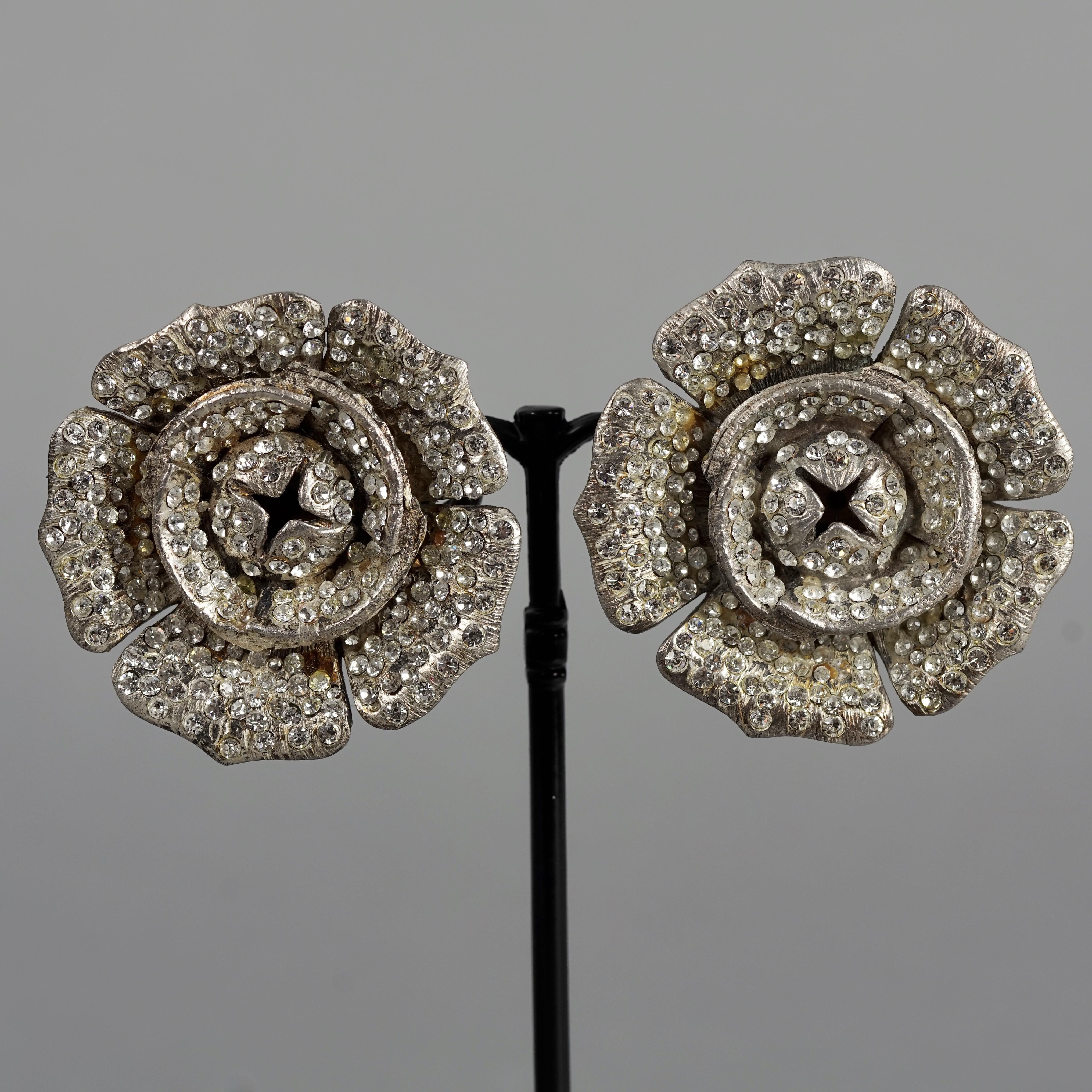 Vintage Massive LANVIN PARIS Flower Rhinestone Silver Earrings For Sale 1