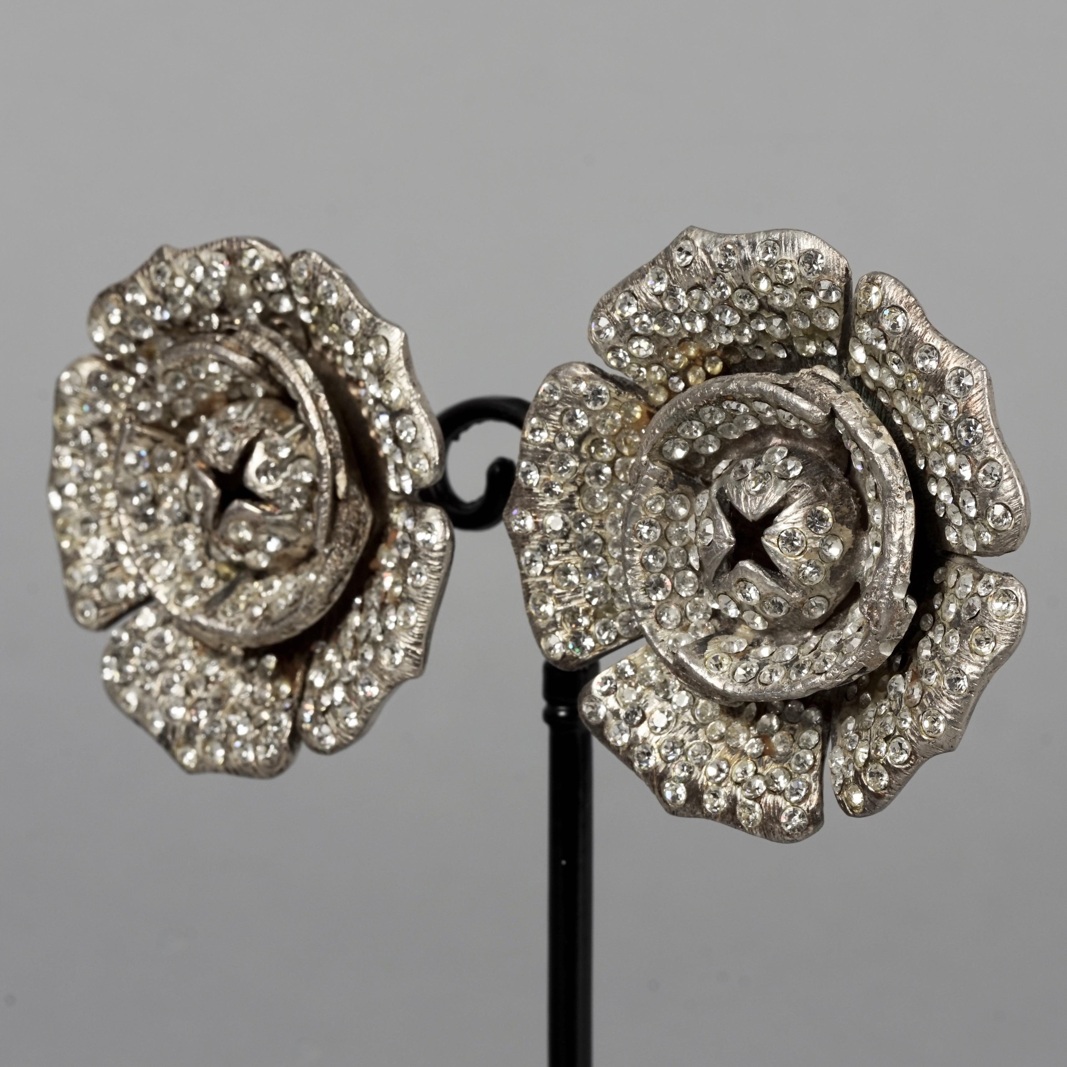 Vintage Massive LANVIN PARIS Flower Rhinestone Silver Earrings For Sale 2