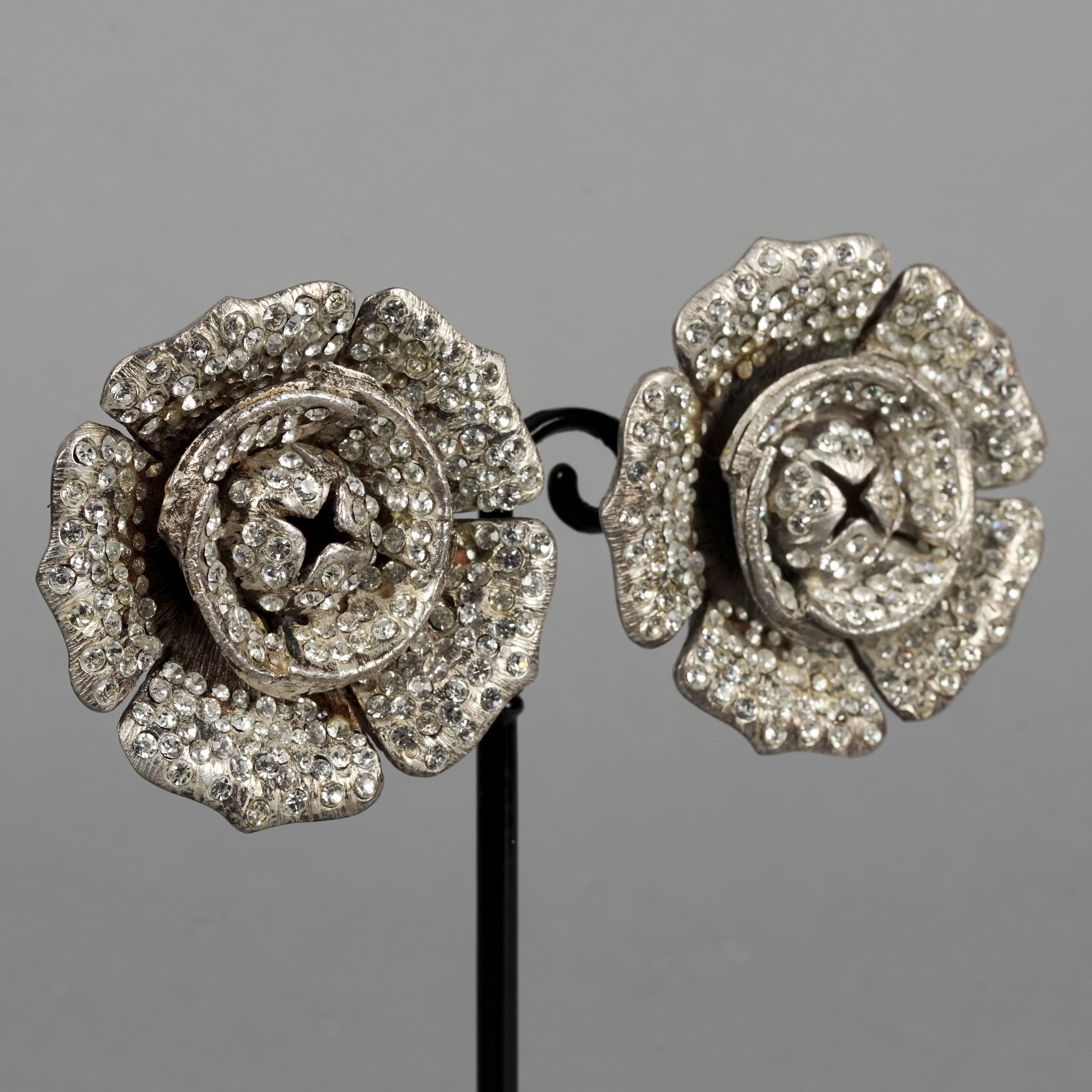 Vintage Massive LANVIN PARIS Flower Rhinestone Silver Earrings For Sale 3