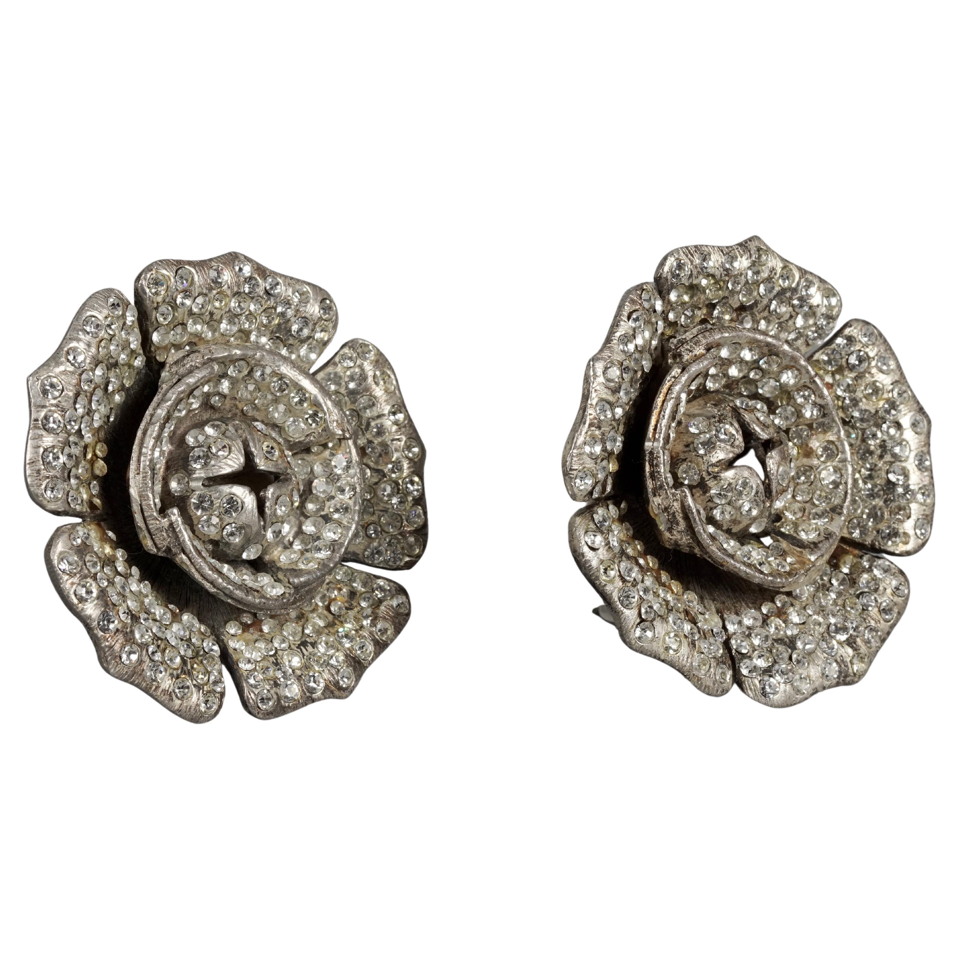 Vintage Massive LANVIN PARIS Flower Rhinestone Silver Earrings For Sale
