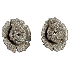 Vintage Massive LANVIN PARIS Flower Rhinestone Silver Earrings