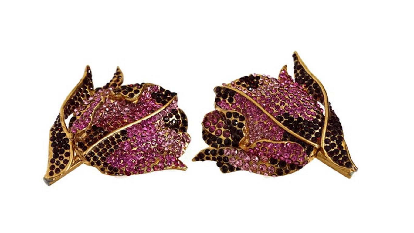 Vintage Massive LANVIN PARIS Orchid Rhinestone Earrings In Good Condition In Kingersheim, Alsace