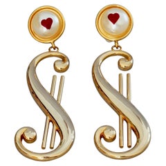 Pendientes colgantes Vintage Massive MOSCHINO Dollar Sign Heart Pearl Novelty