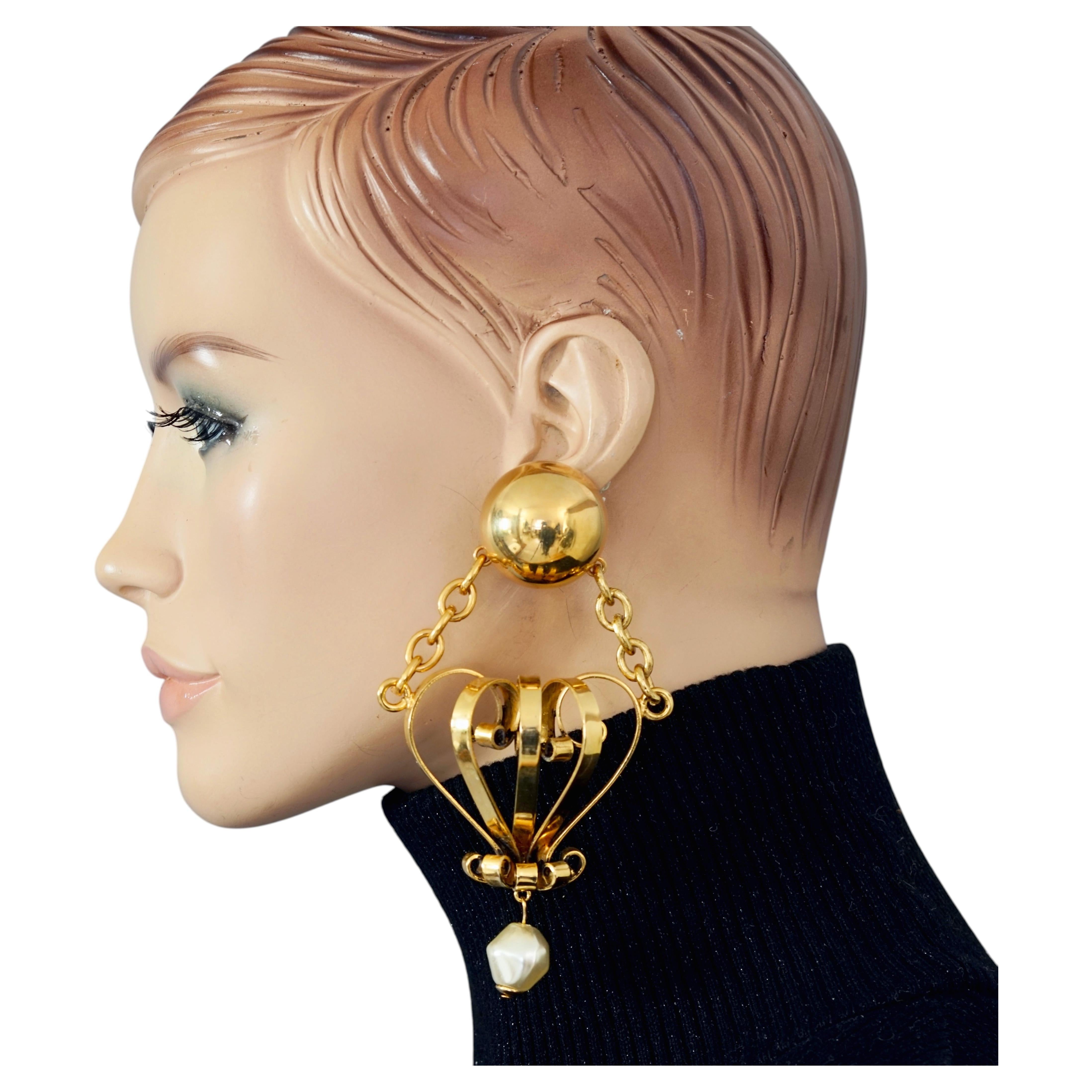 Vintage Massive MOSCHINO Heart Dome Pearl Novelty Dangling Earrings
