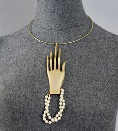 Vintage Massive MOSCHINO Surreal Hand Double Pearl Strand Pendant Necklace