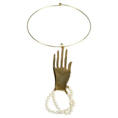 Vintage Massive MOSCHINO Surreal Hand Double Pearl Strand Pendant Necklace