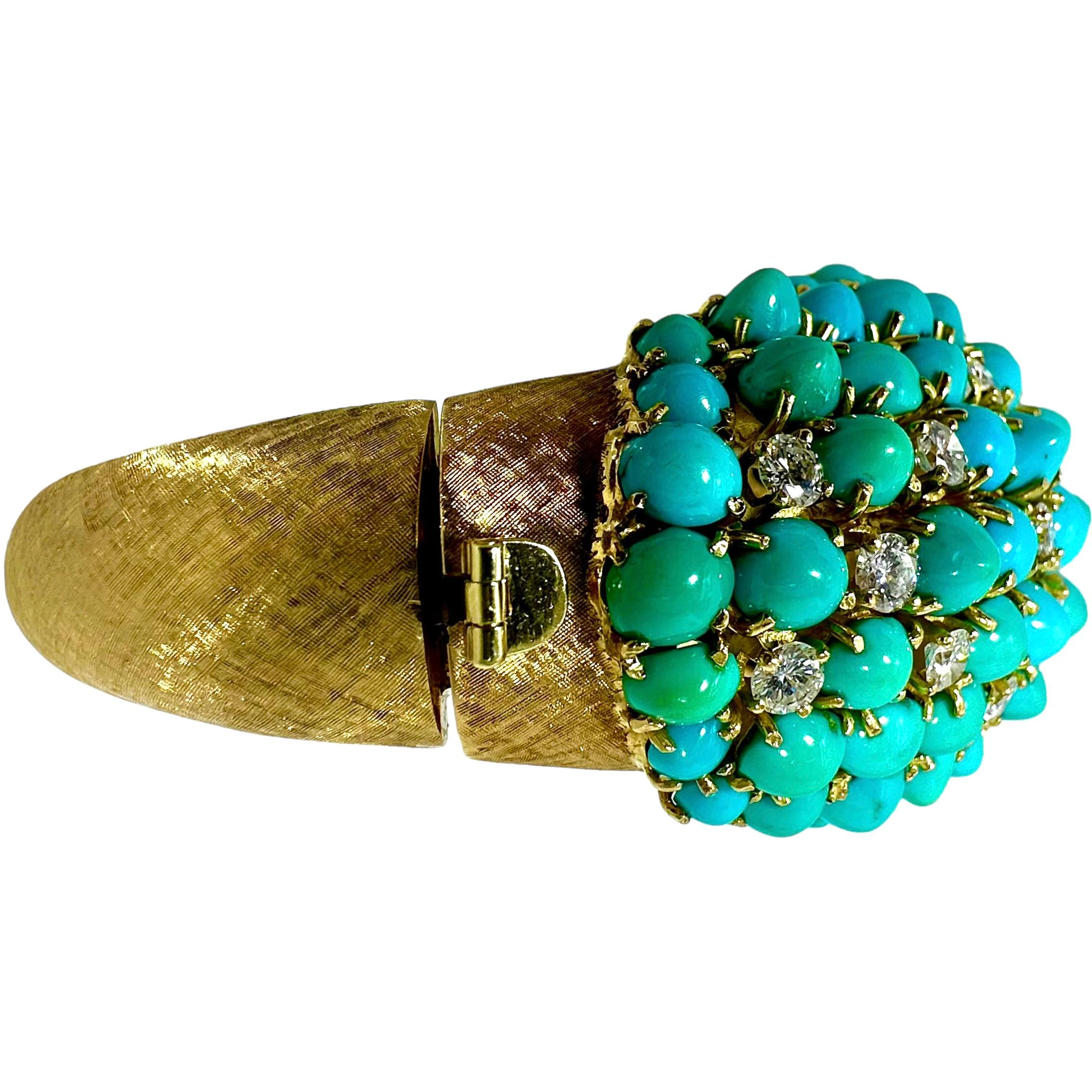 Vintage, Massive, 18k Gold, Diamond & Turquoise Bombe Dome Cocktail Bracelet For Sale 5