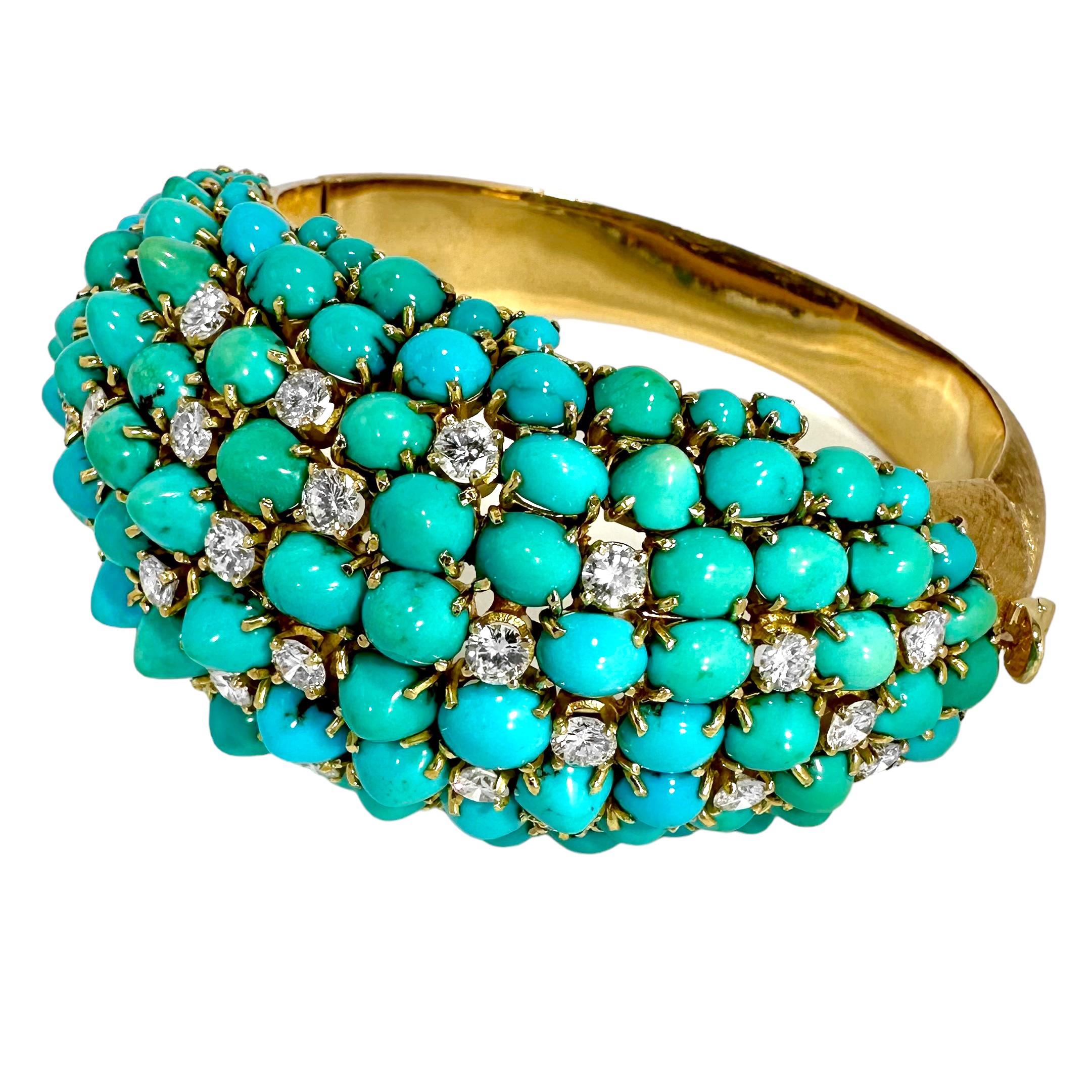 Modern Vintage, Massive Scale, Gold, Diamond and Turquoise Bombe Dome Cocktail Bracelet For Sale